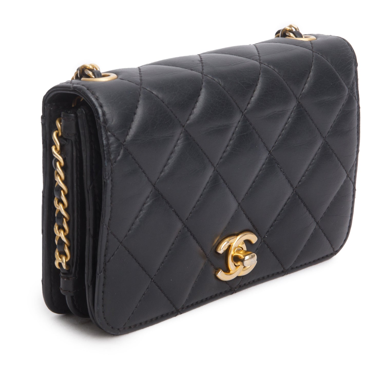 Chanel Black Lambskin Quilted CC Side Chain Small Full Flap Bag w/ Box, Authenticity Card & Receipt
