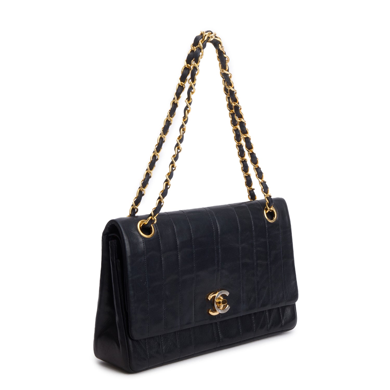 Chanel Vintage Black Lambskin Vertical Quilt Double Flap Bag
