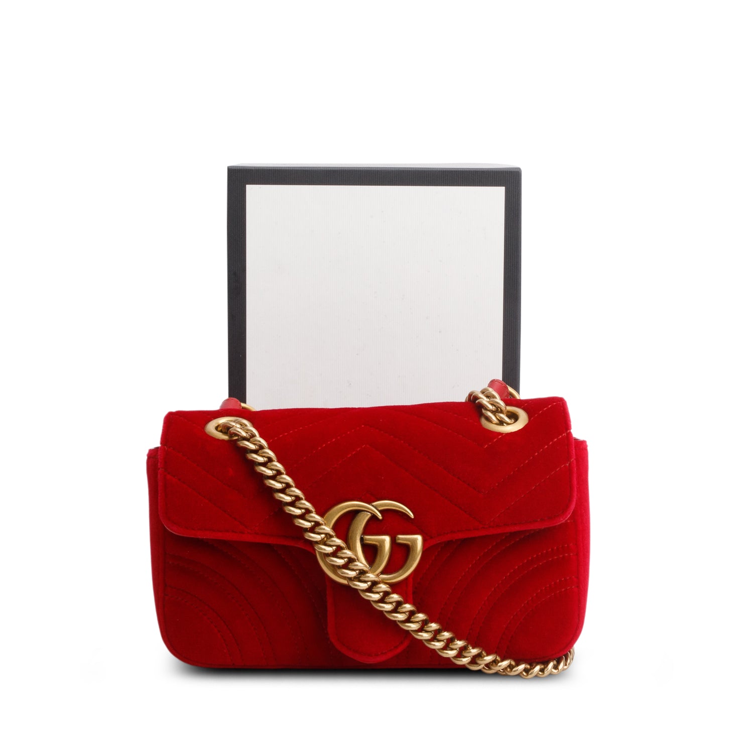 Gucci Red Velvet Matelasse Small GG Marmont Shoulder Bag w/ Box