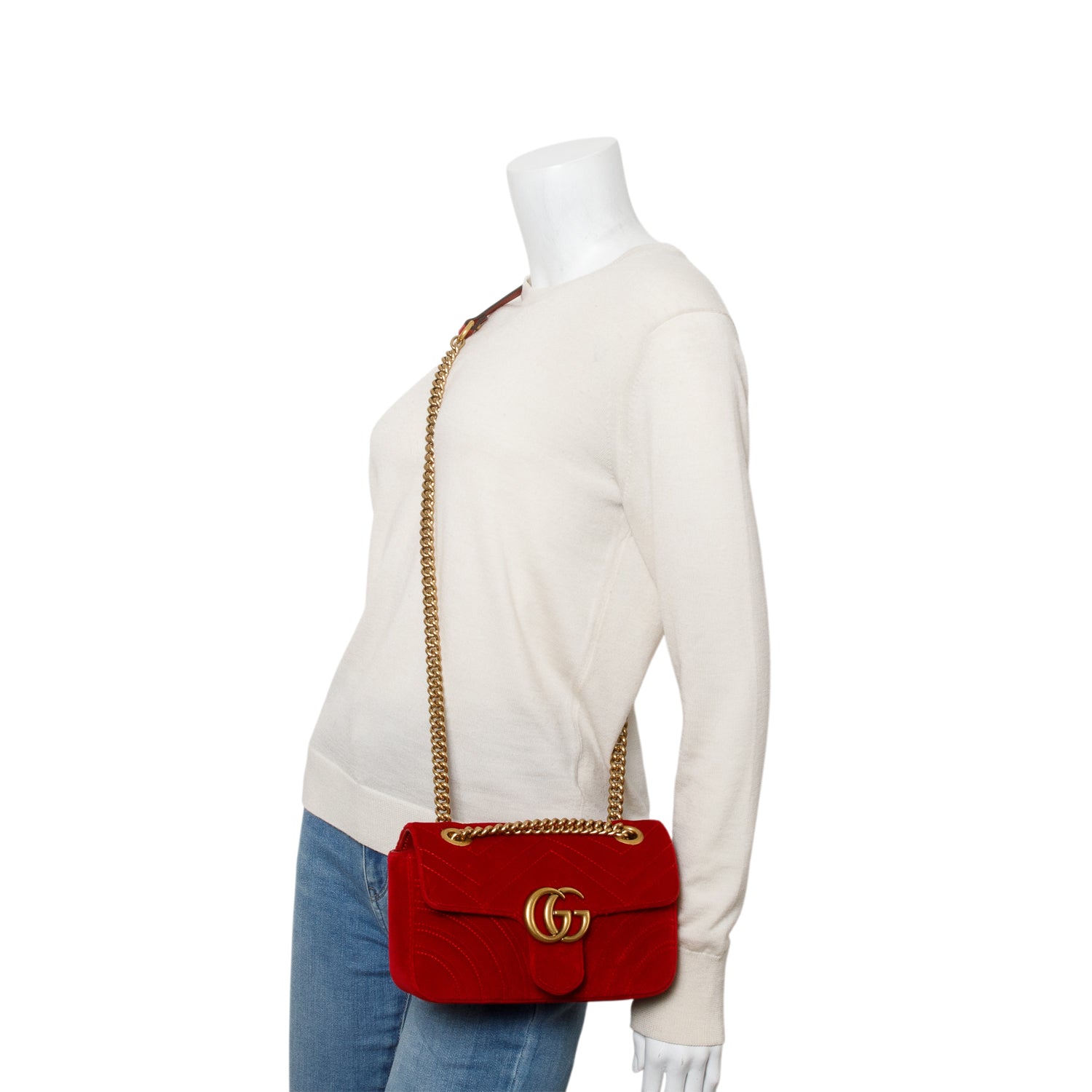 Gucci Red Velvet Matelasse Small GG Marmont Shoulder Bag w/ Box