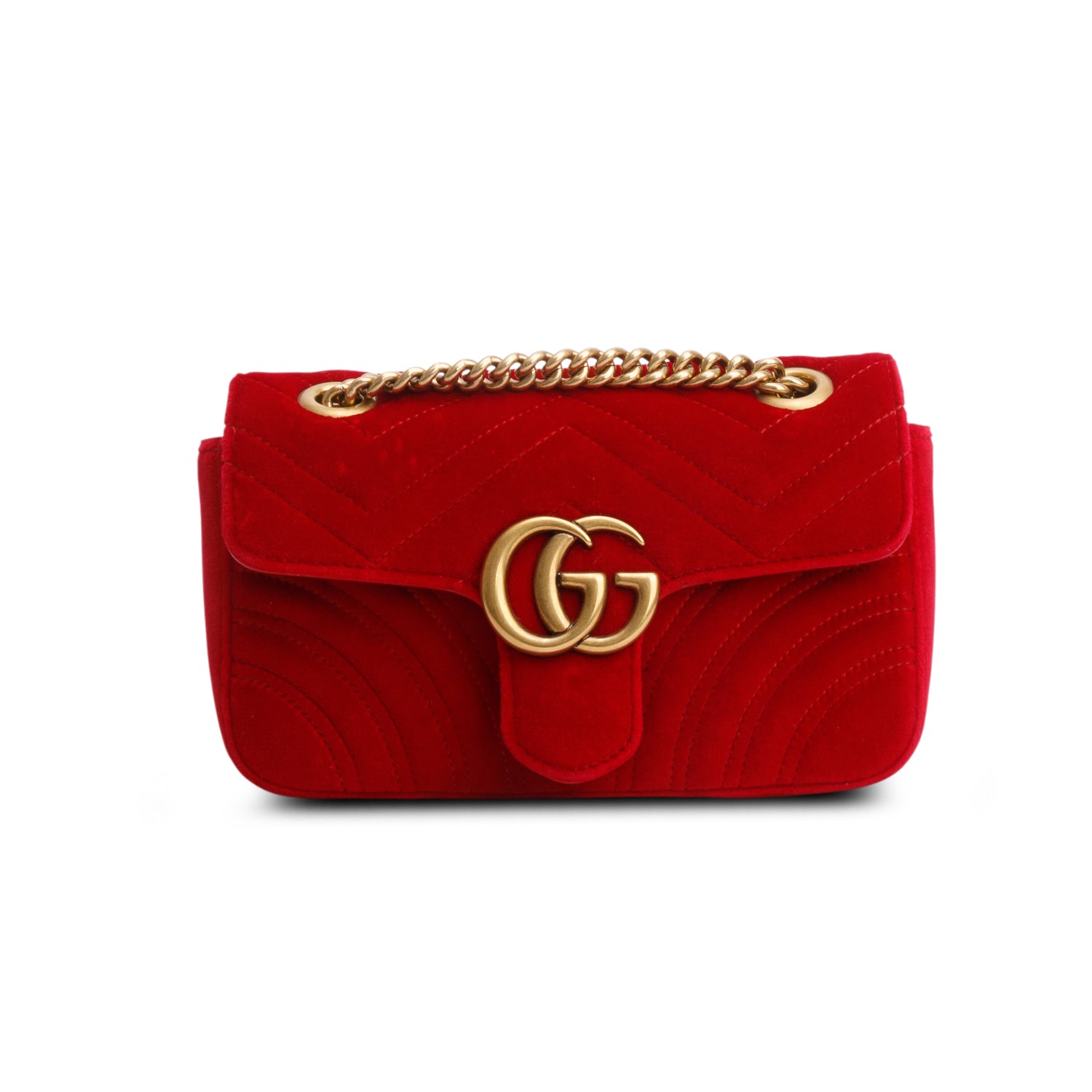 Gucci Red Velvet Matelasse Small GG Marmont Shoulder Bag w/ Box