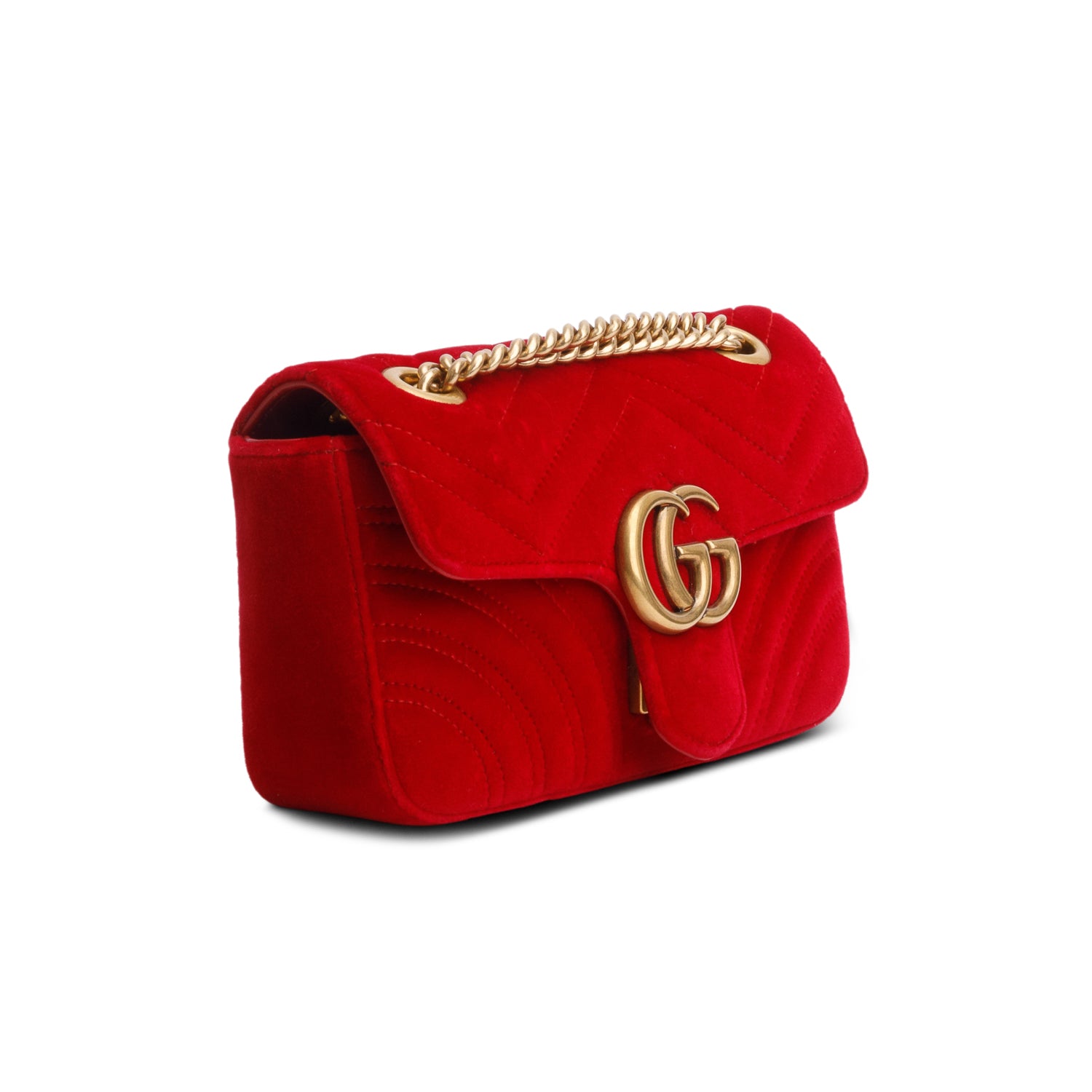 Gucci Red Velvet Matelasse Small GG Marmont Shoulder Bag w/ Box