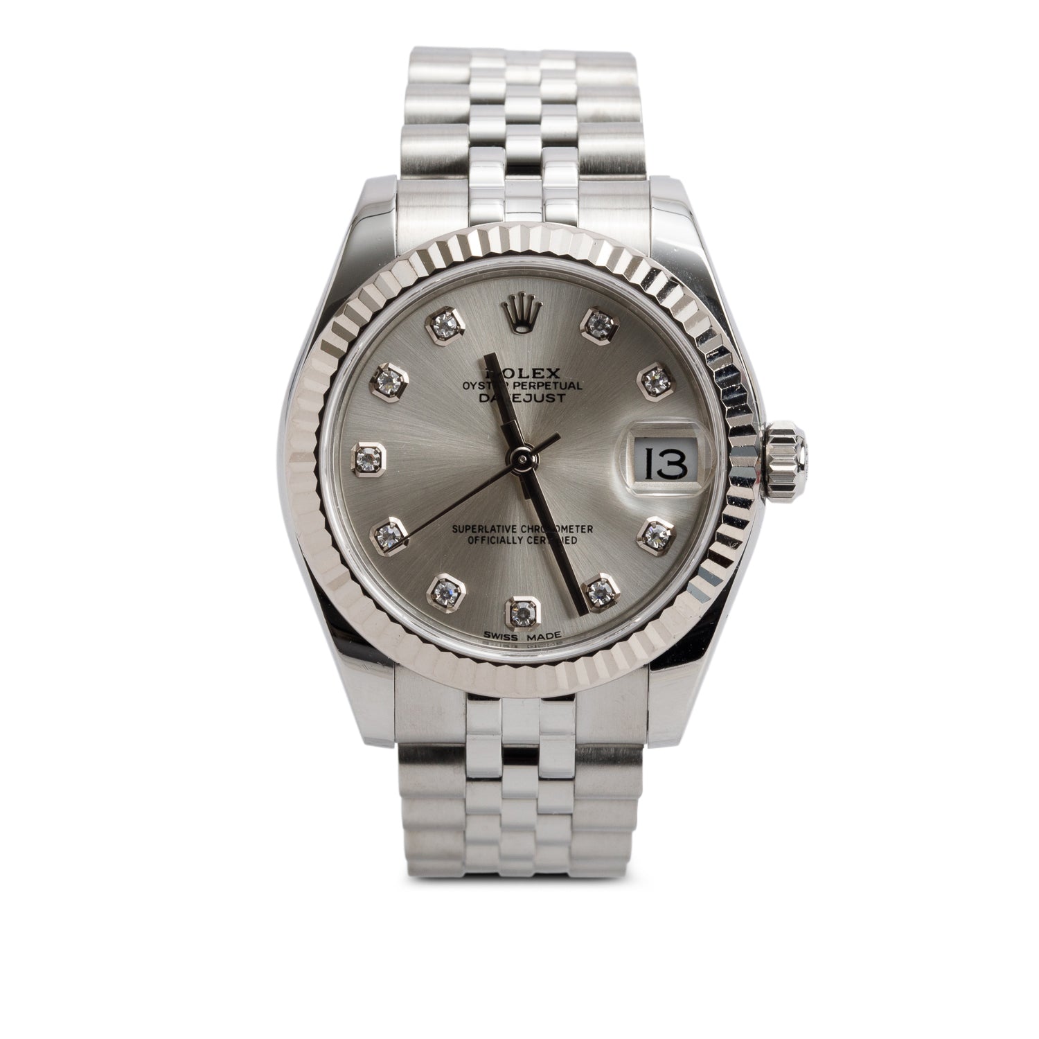 Rolex Stainless Steel Silver Datejust 31 MM Automatic Watch Silver Diamond Dial 178274 w/ Box & Papers
