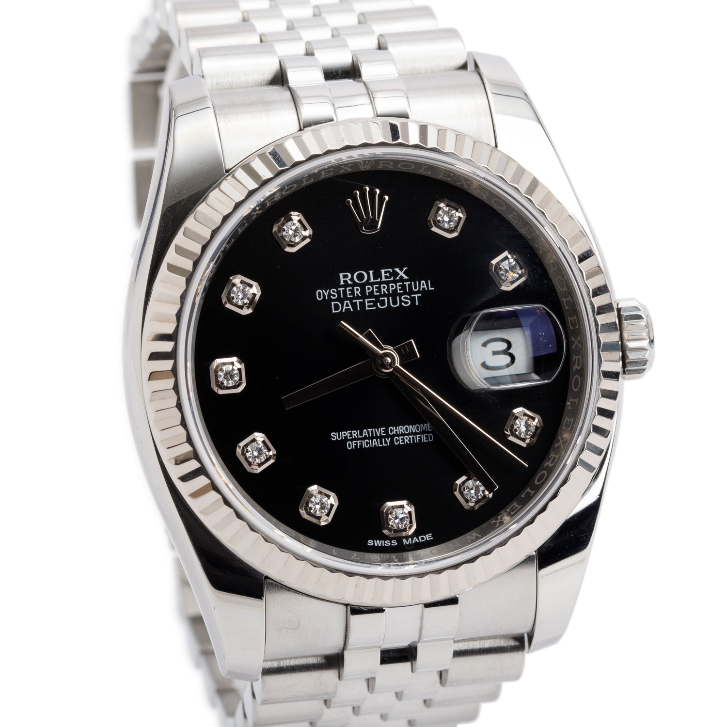 Rolex Stainless Steel Datejust 36 MM Automatic Watch Black Diamond Dial 116234 w/ Box & Papers