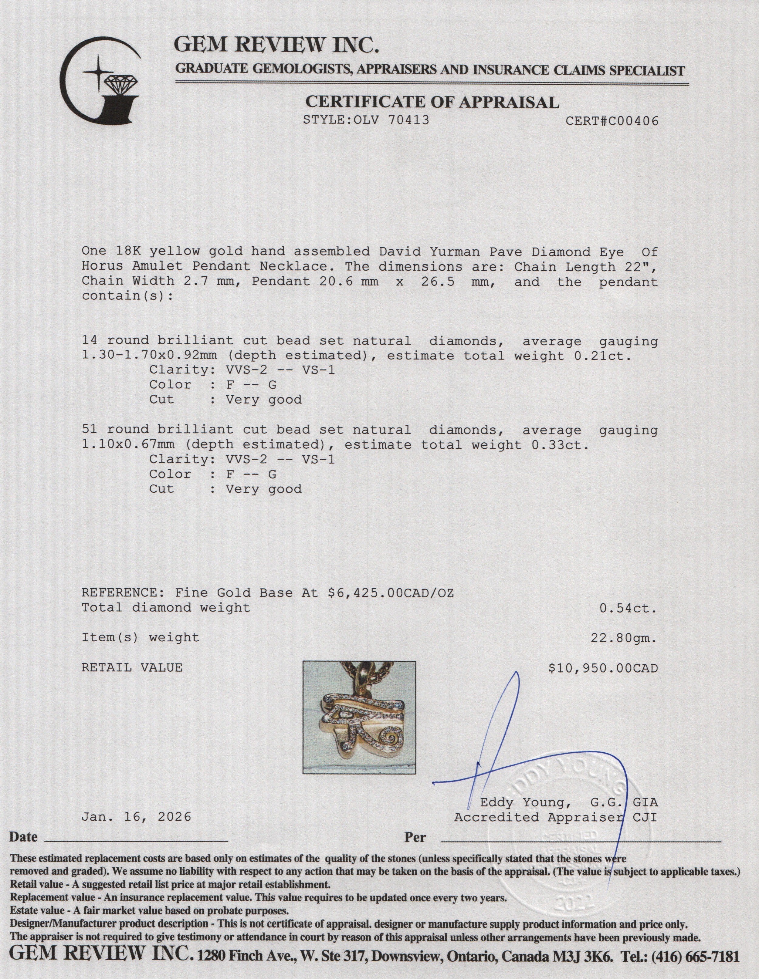 David Yurman 2022 18k Yellow Gold Pave Diamond Eye Of Horus Amulet Pendant Necklace w/ Box & Receipt