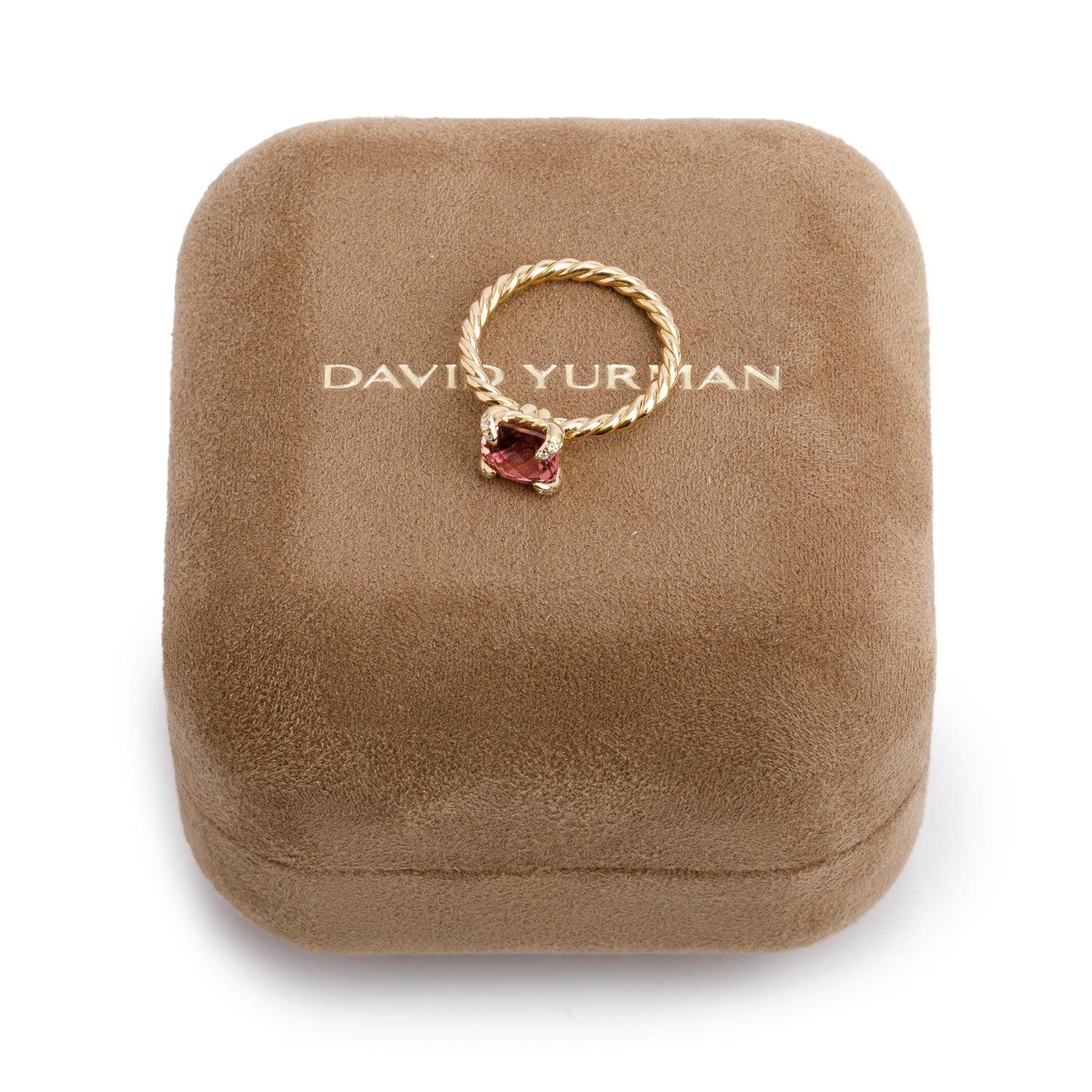 David Yurman 18k Yellow Gold Diamond & 7 MM Pink Torurmaline Chatelaine Ring, Size 4.75 w/ Box