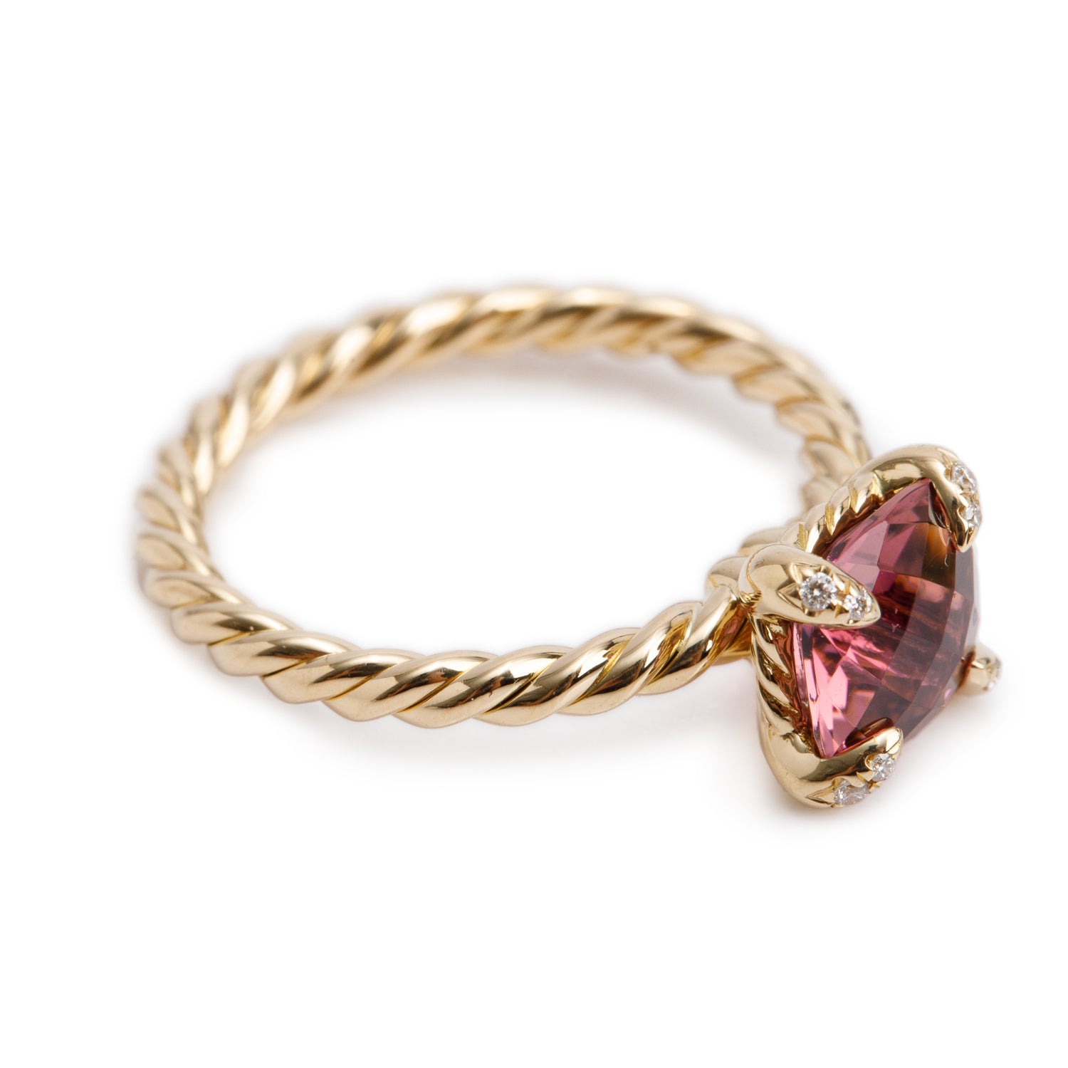 David Yurman 18k Yellow Gold Diamond & 7 MM Pink Torurmaline Chatelaine Ring, Size 4.75 w/ Box