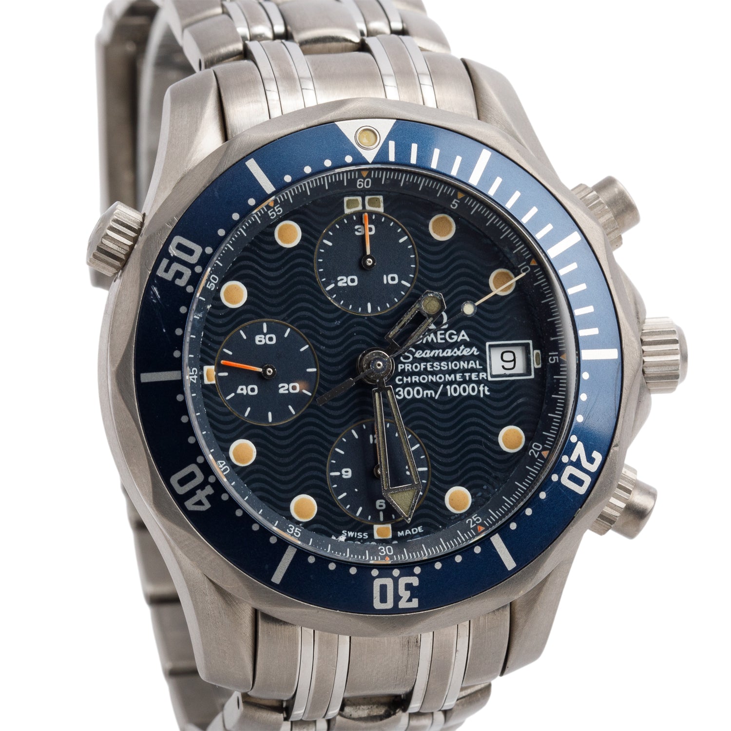 Omega Titanium Seamaster Diver 300M 41.5 MM Automatic Chronograph Watch Blue Dial w/ Box & Papers