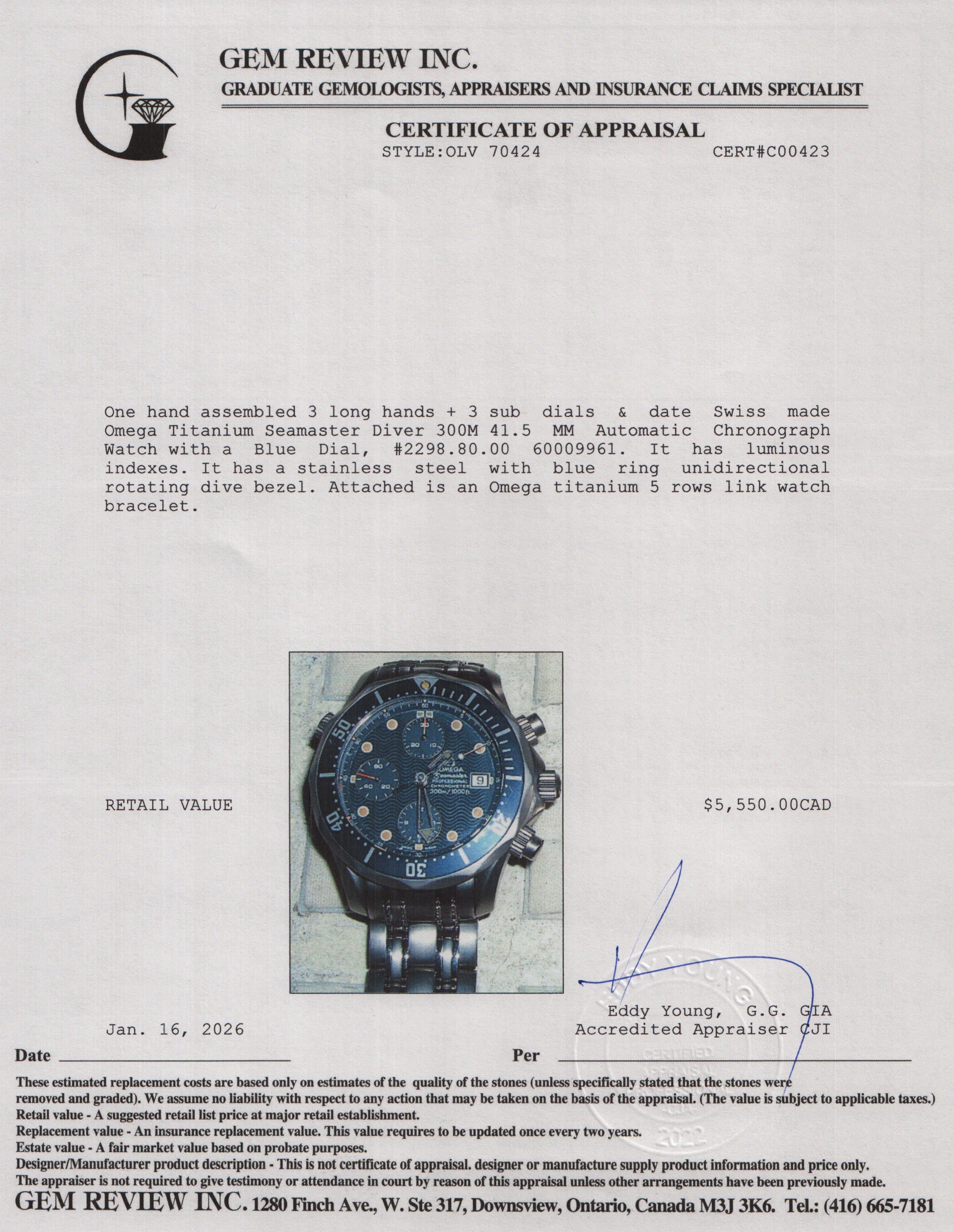 Omega Titanium Seamaster Diver 300M 41.5 MM Automatic Chronograph Watch Blue Dial w/ Box & Papers