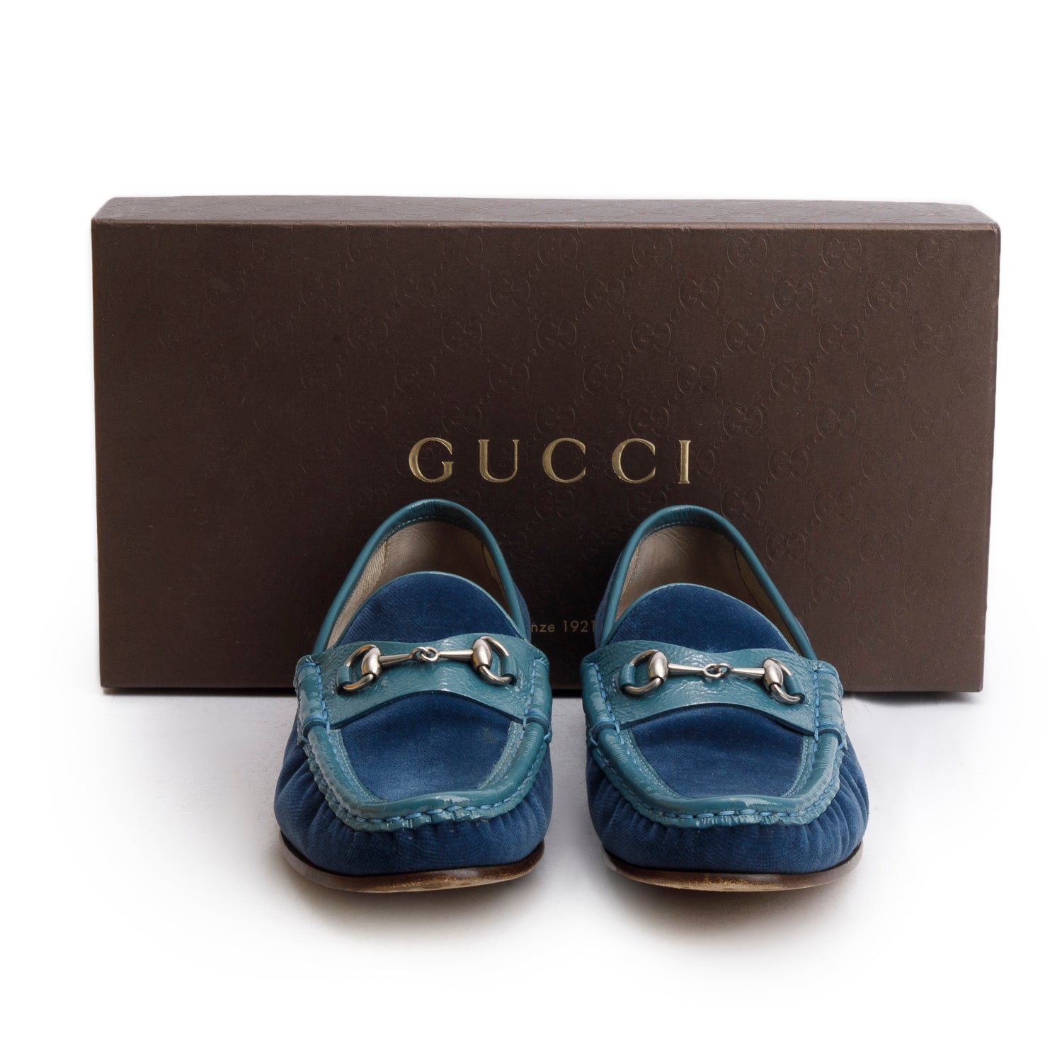 Gucci Blue Patent Leather Denim Horsebit Loafers, Size 36 w/ Box