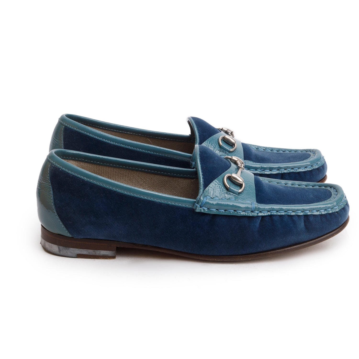 Gucci Blue Patent Leather Denim Horsebit Loafers, Size 36 w/ Box
