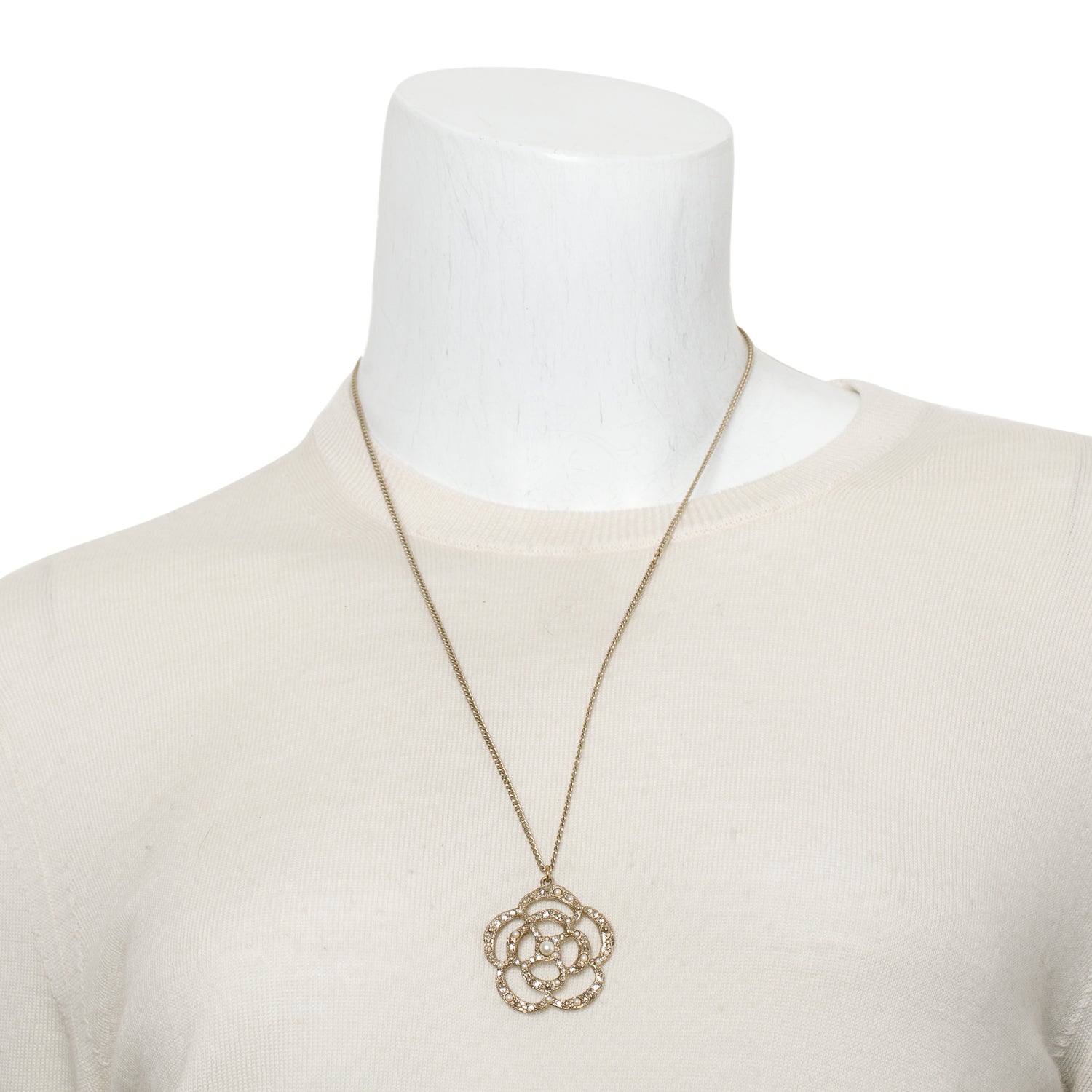 Chanel Gold-Plated Metal Faux Pearl & Strass Camellia Flower Pendant Necklace w/ Box