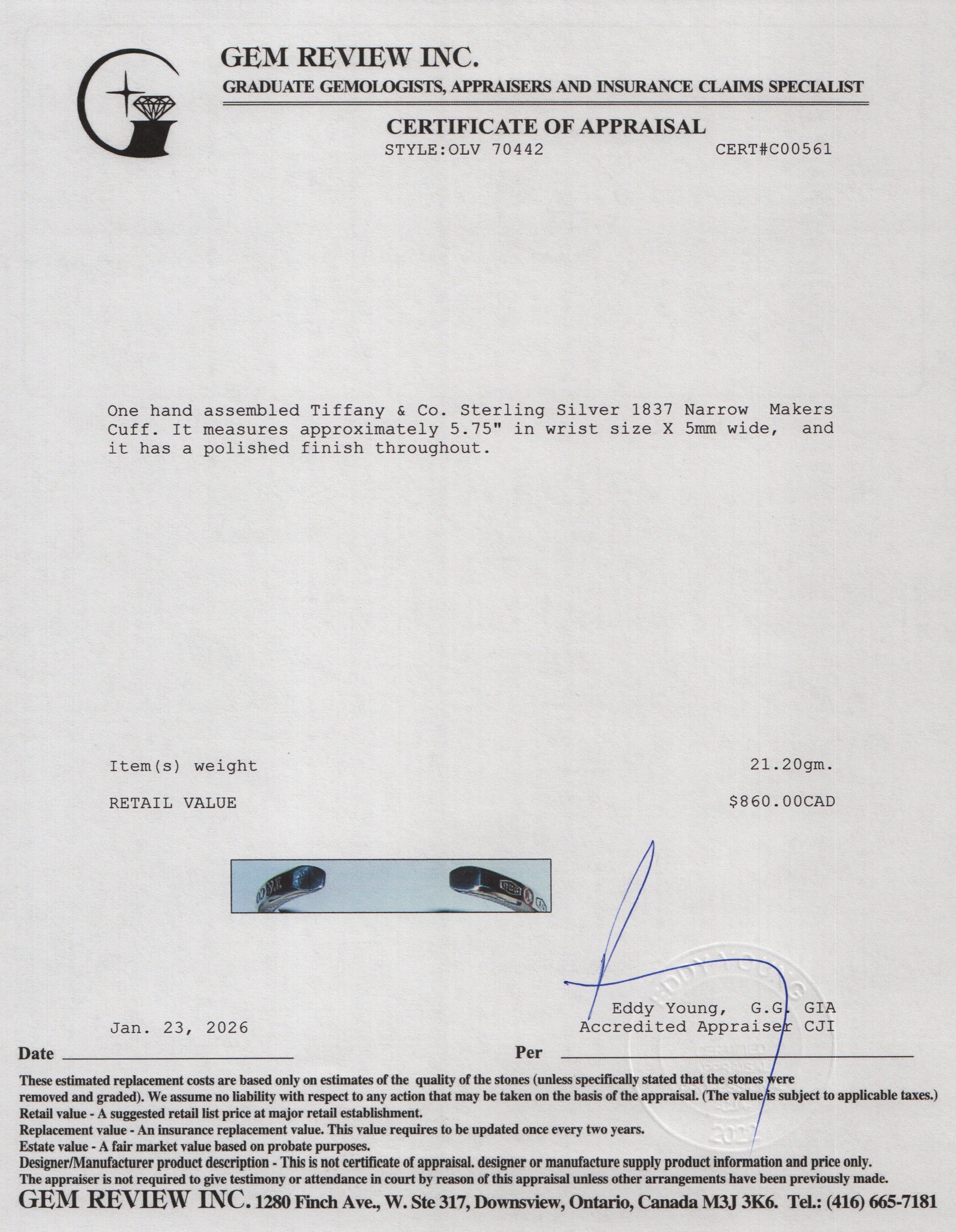 Tiffany & Co. Sterling Silver 1837 Narrow Makers Cuff