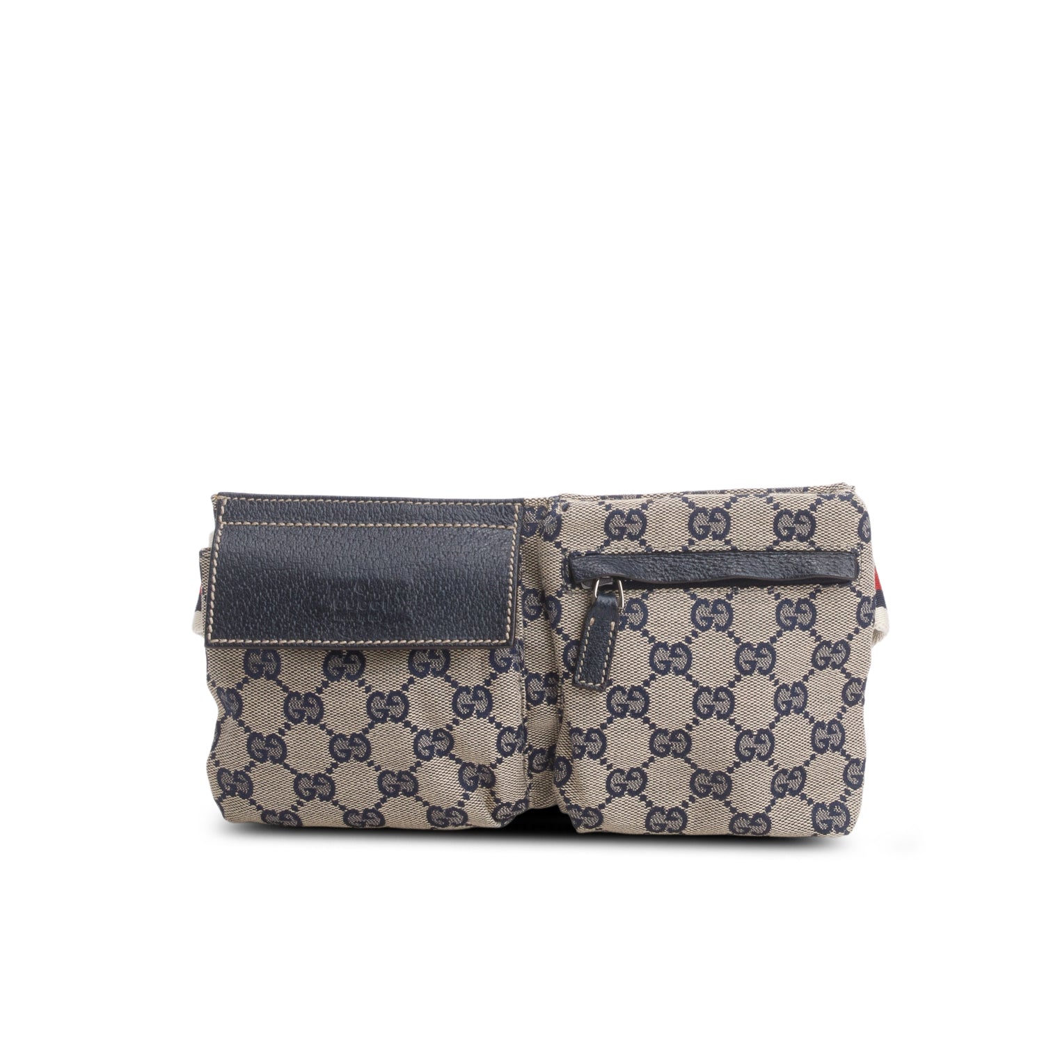 Gucci Navy GG Monogram Web Double Pocket Belt Bag