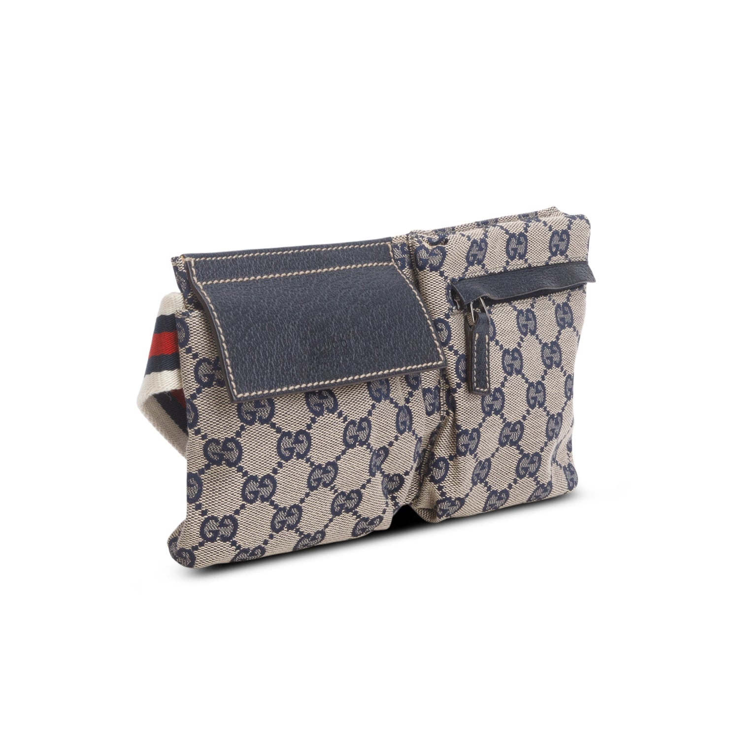 Gucci Navy GG Monogram Web Double Pocket Belt Bag
