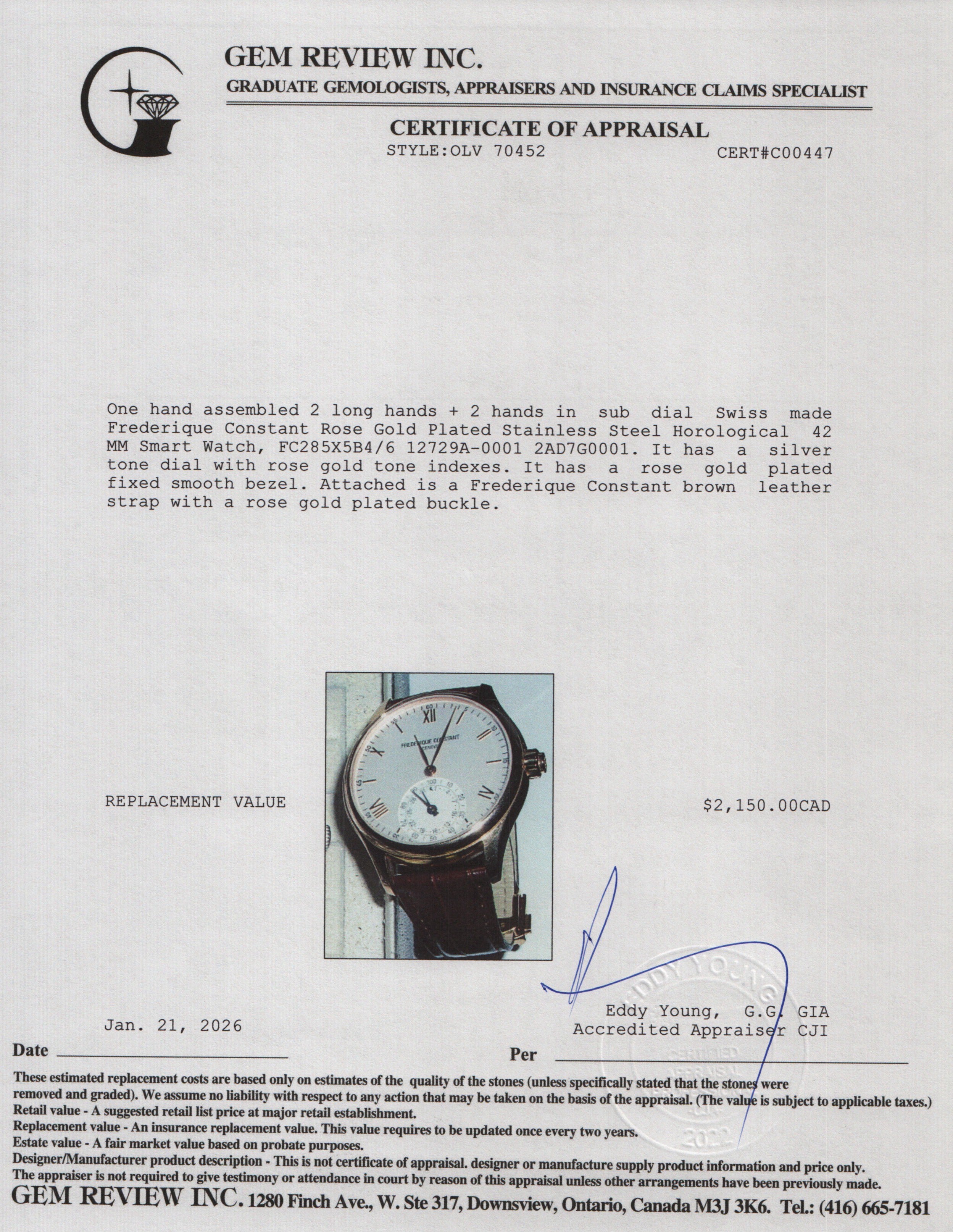 Frederique Constant Rose Gold Plated Stainless Steel Horological 42 MM Smart Watch w/ Box & Papers
