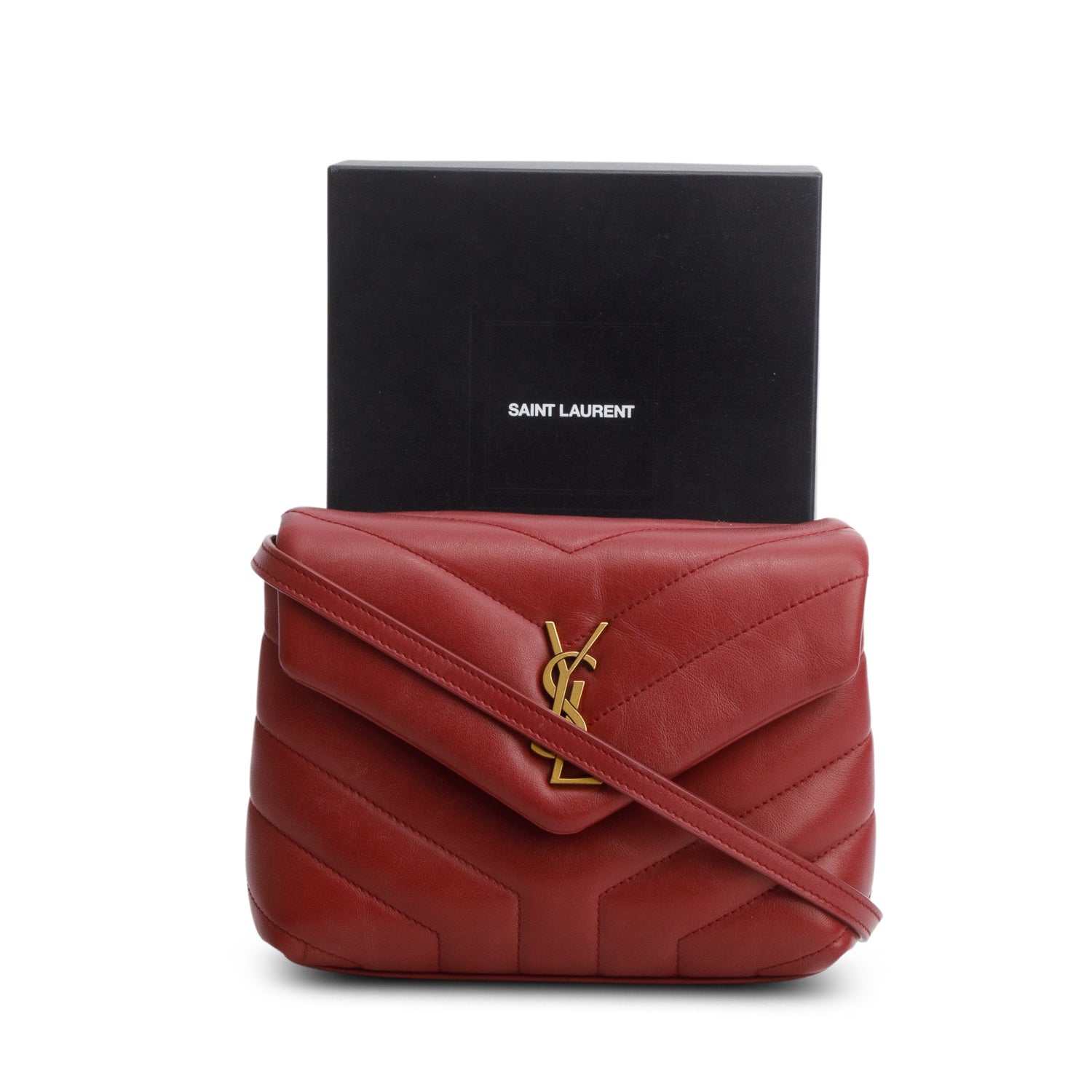 Saint Laurent 2021 Red Calfskin Y Quilted Monogram Toy Loulou Crossbody Bag w/ Box