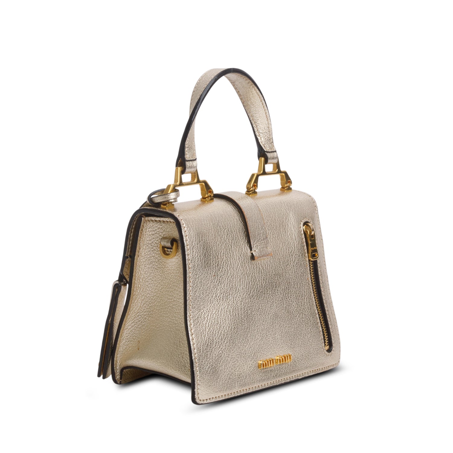Miu Miu Metallic Gold Leather Madras Convertible Top Handle Bag w/ Strap