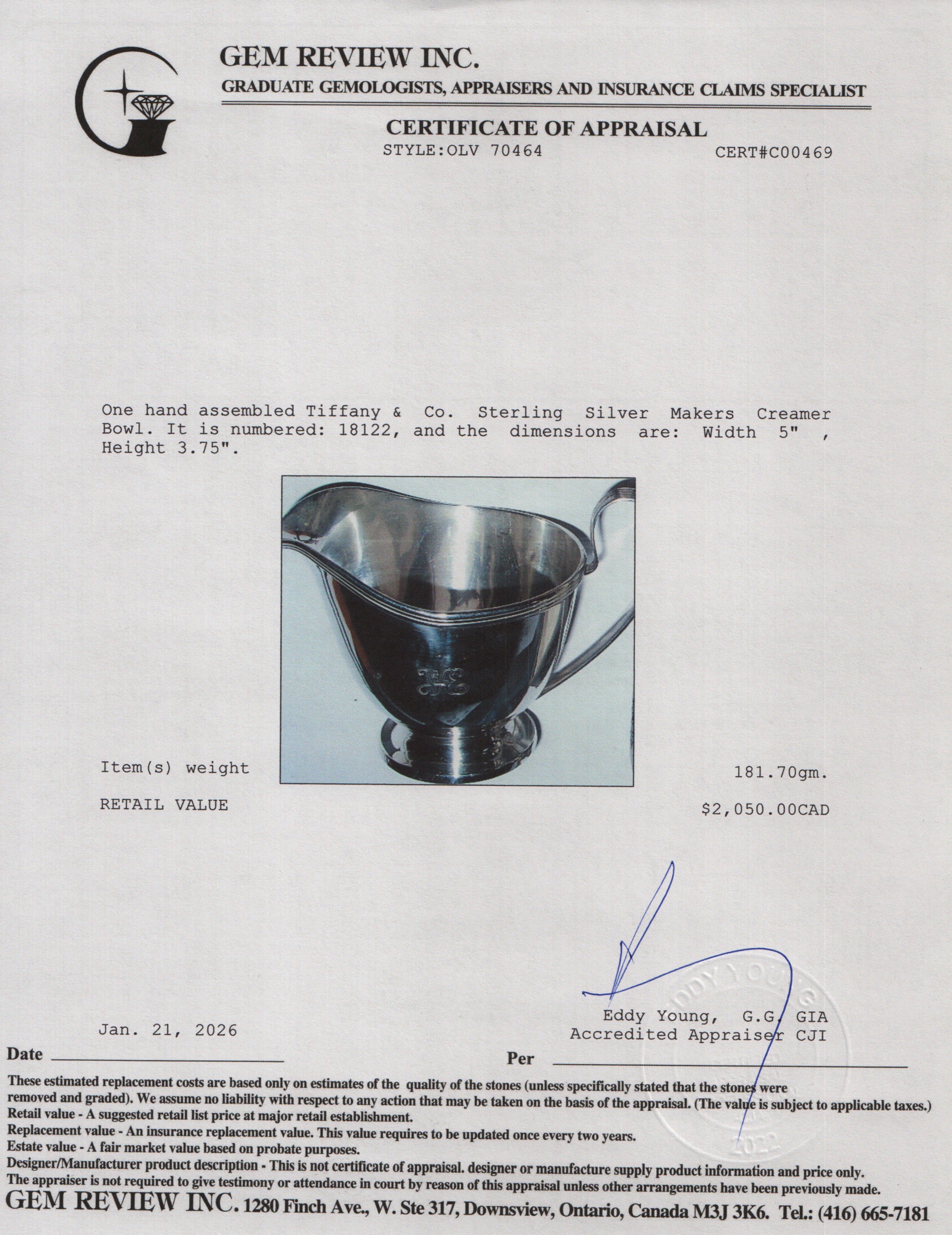 Tiffany & Co. Sterling Silver Makers Creamer Bowl