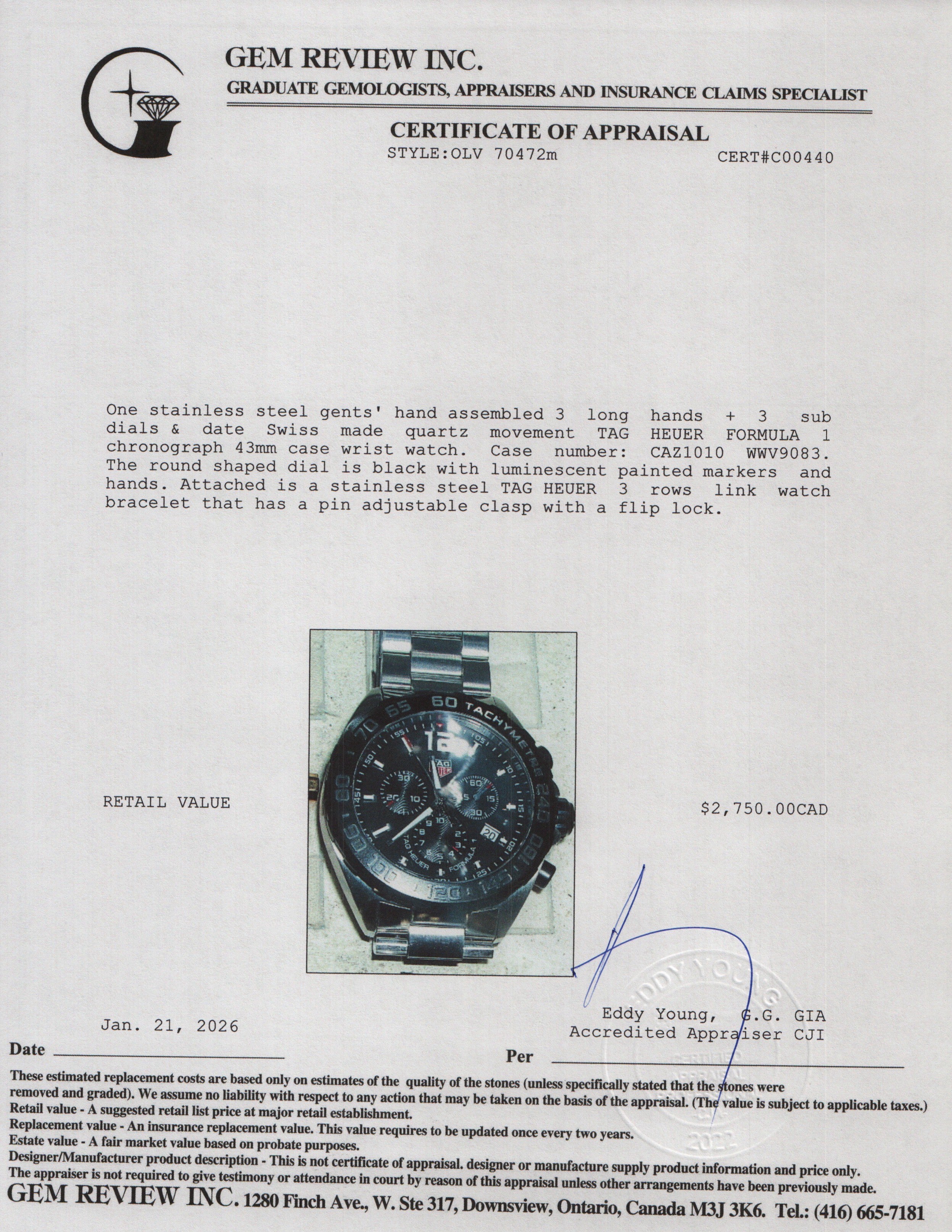 Tag HeuerStainless Steel Formula 1 43 MM Chronograph Quartz Watch Black Dial CAZ1010