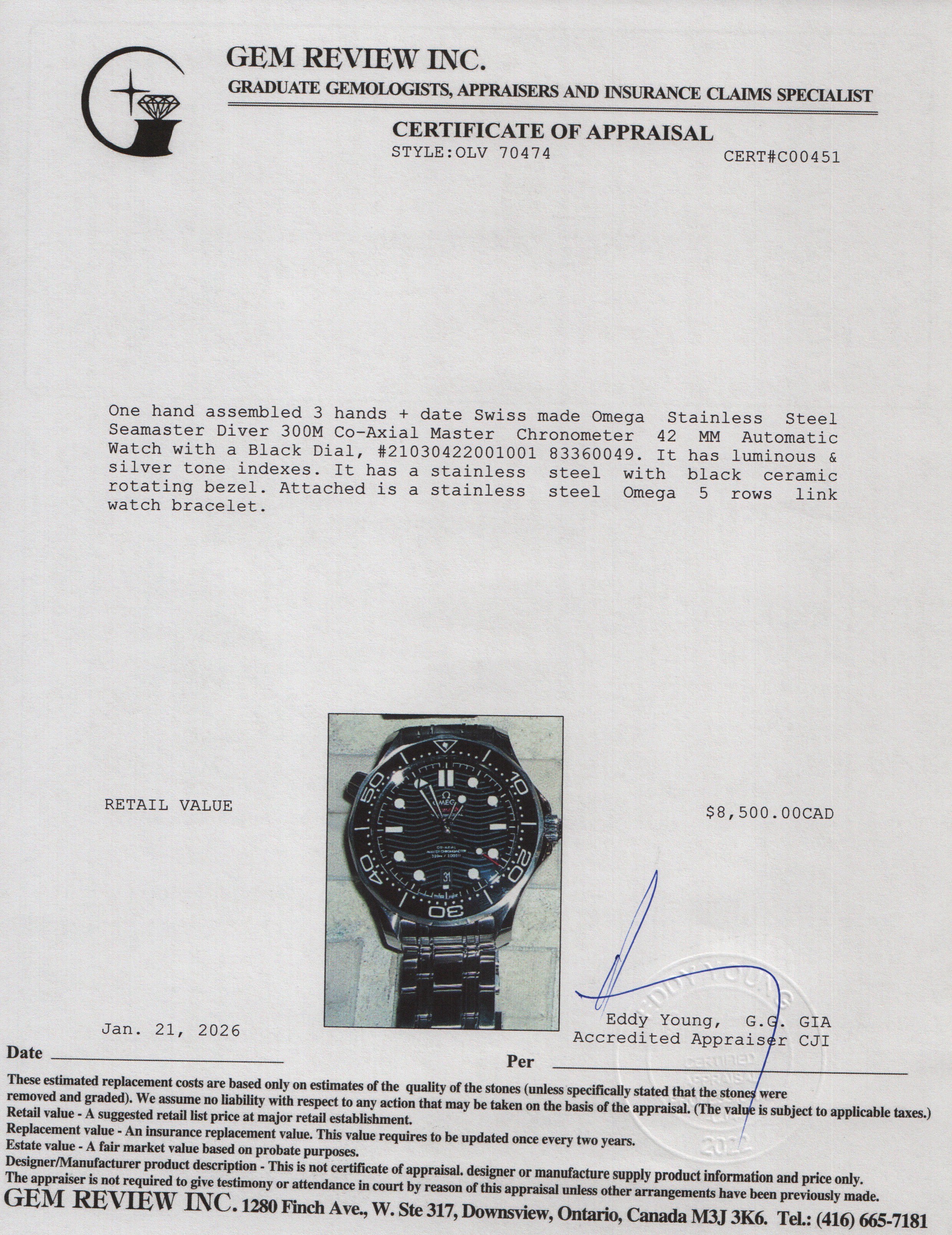 Omega Stainless Steel Seamaster Diver 300M Co-Axial Master Chronometer 42 MM Automatic Watch Black Dial w/ Box, Papers & Extra Strap