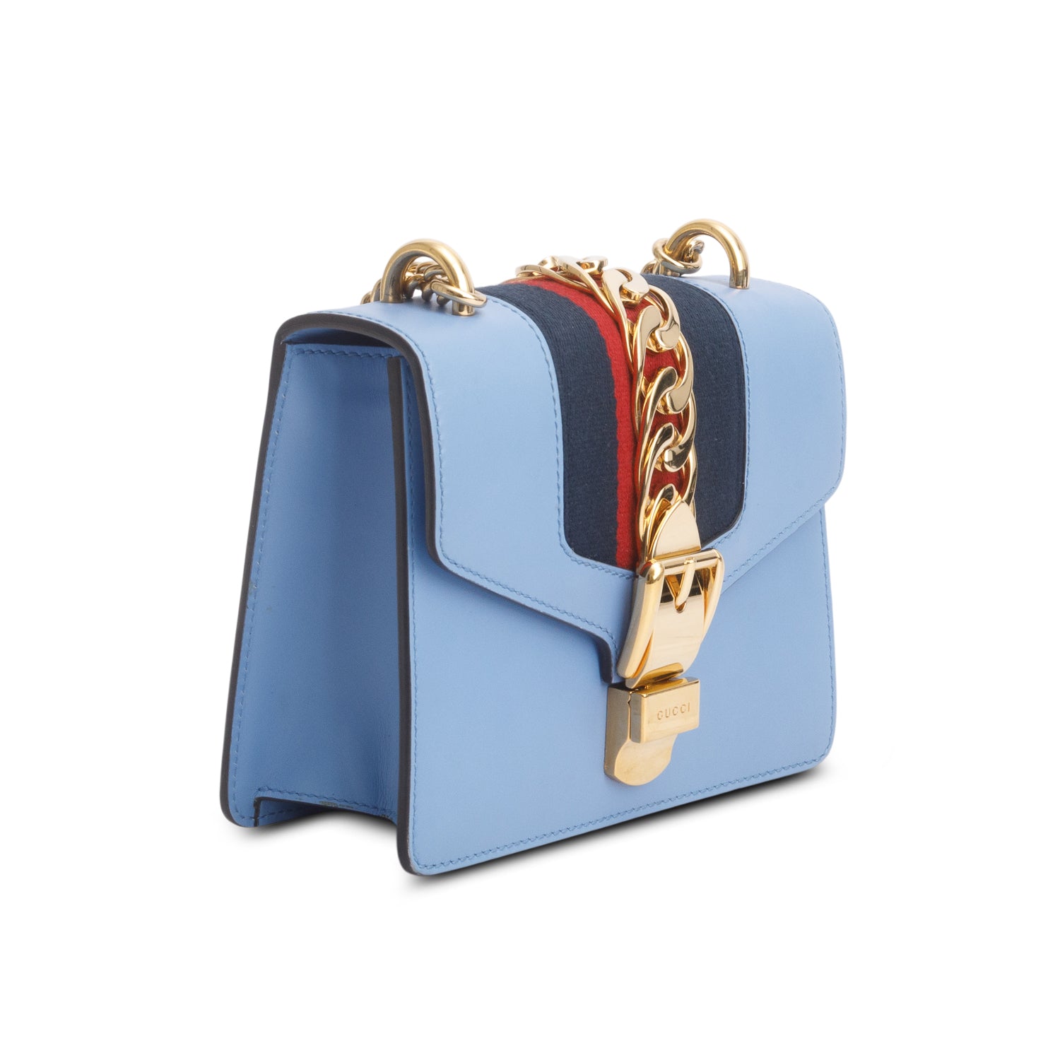 Gucci Blue Calfskin Leather Web Mini Sylvie Chain Shoulder Bag