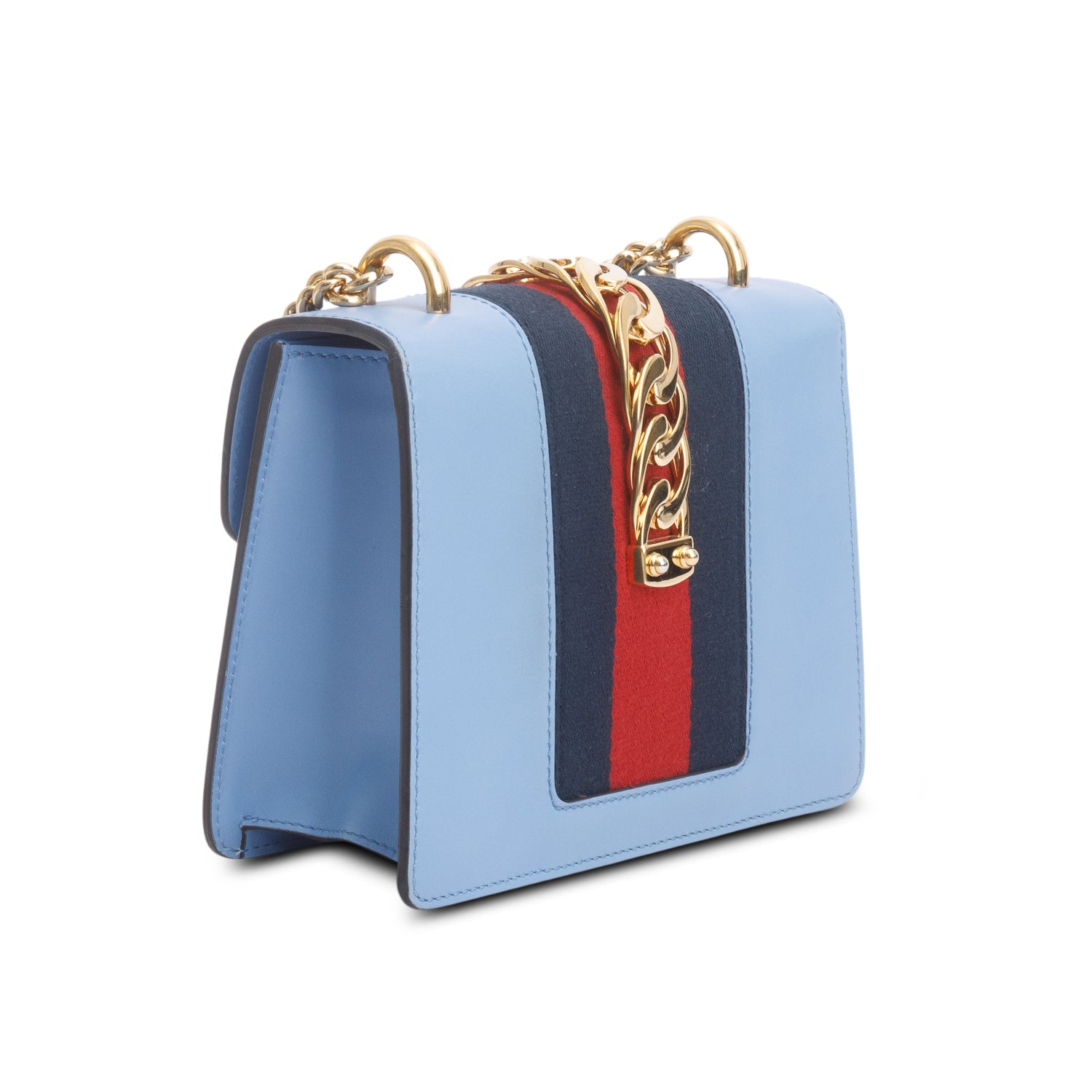 Gucci Blue Calfskin Leather Web Mini Sylvie Chain Shoulder Bag