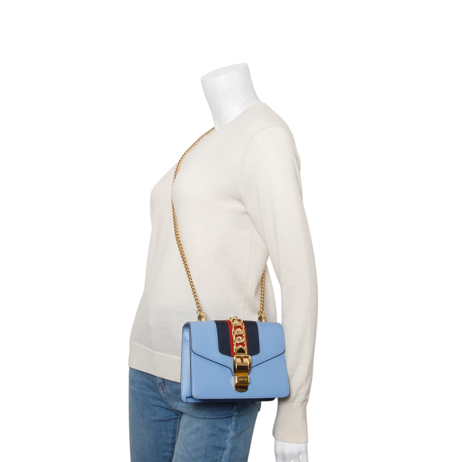 Gucci Blue Calfskin Leather Web Mini Sylvie Chain Shoulder Bag