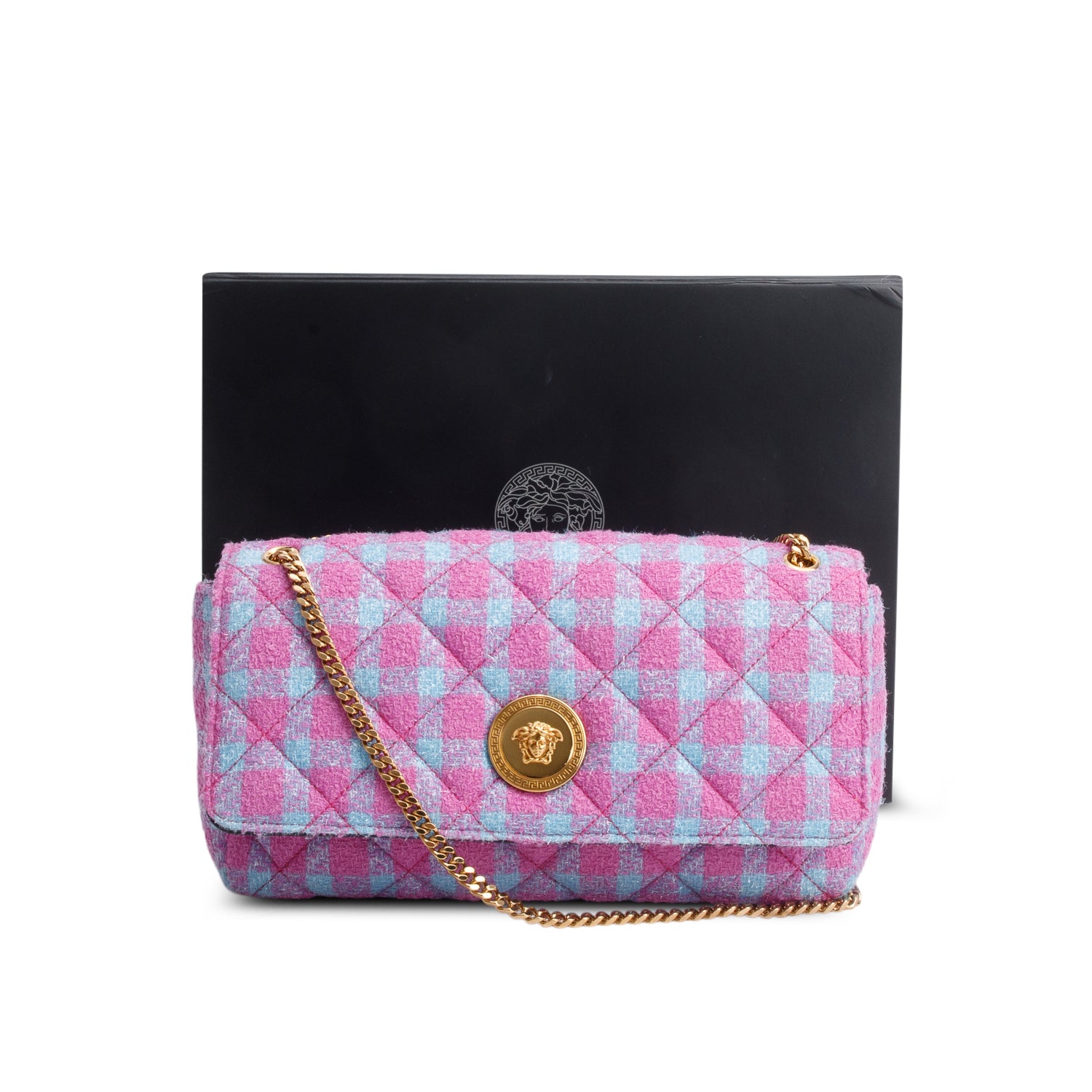 Versace Blue/Purple Tweed Quilted La Medusa Shoulder Bag w/ Box