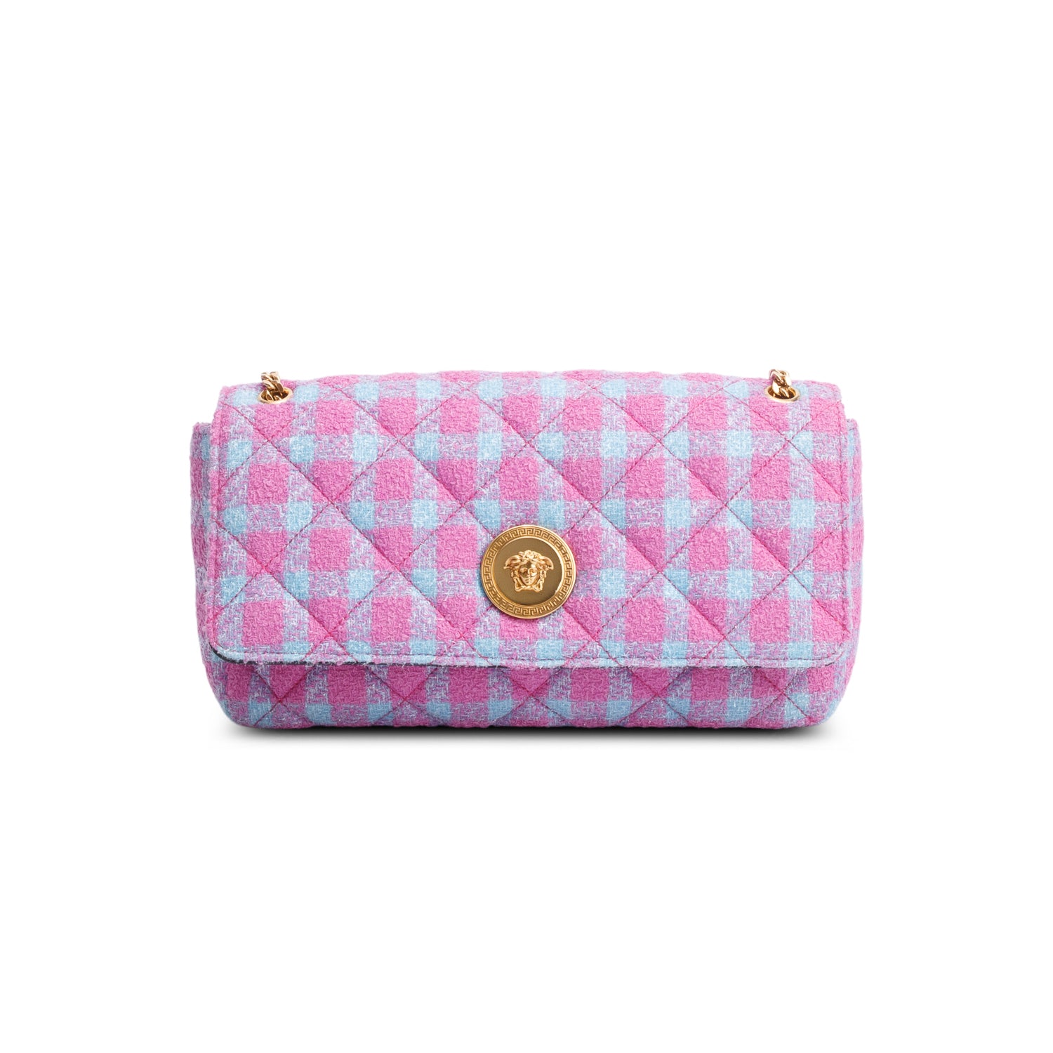 Versace Blue/Purple Tweed Quilted La Medusa Shoulder Bag w/ Box