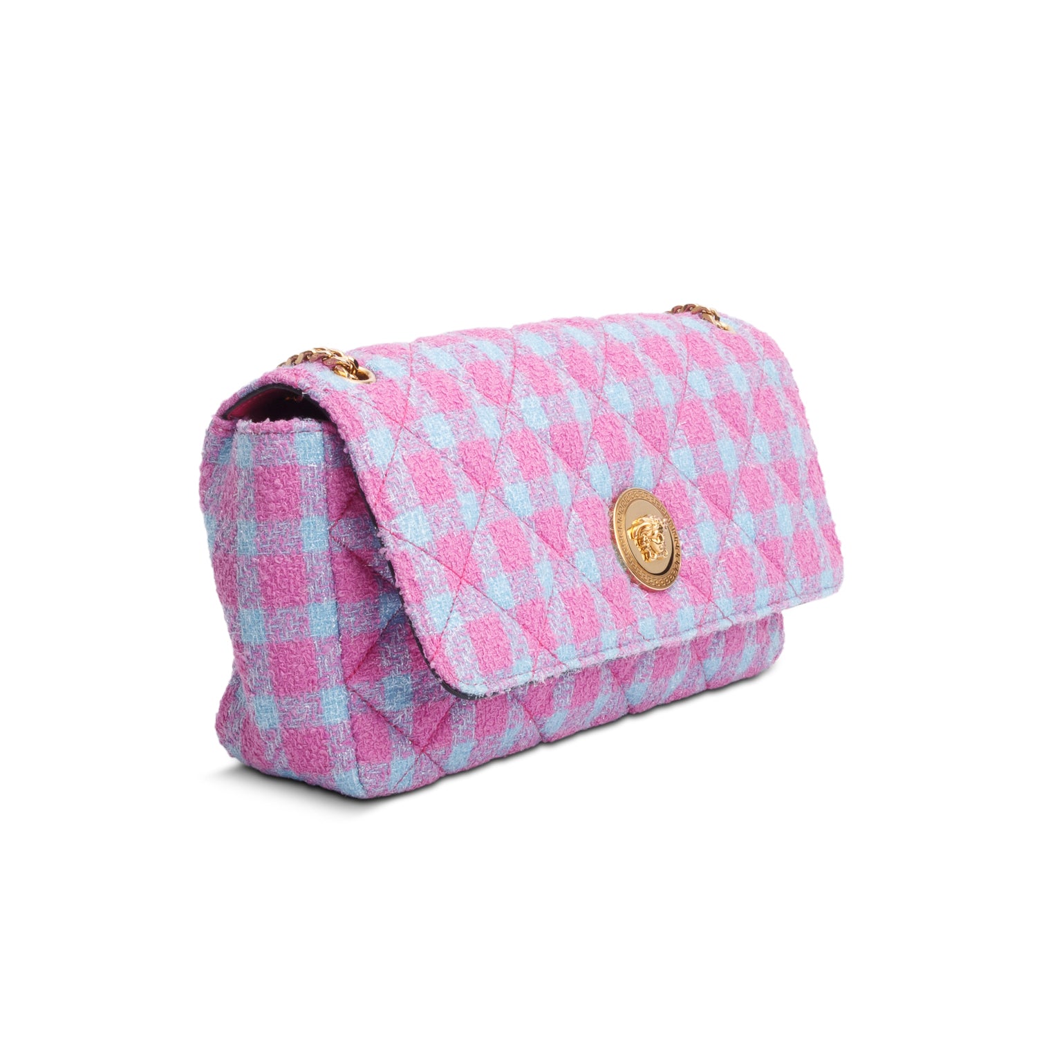 Versace Blue/Purple Tweed Quilted La Medusa Shoulder Bag w/ Box