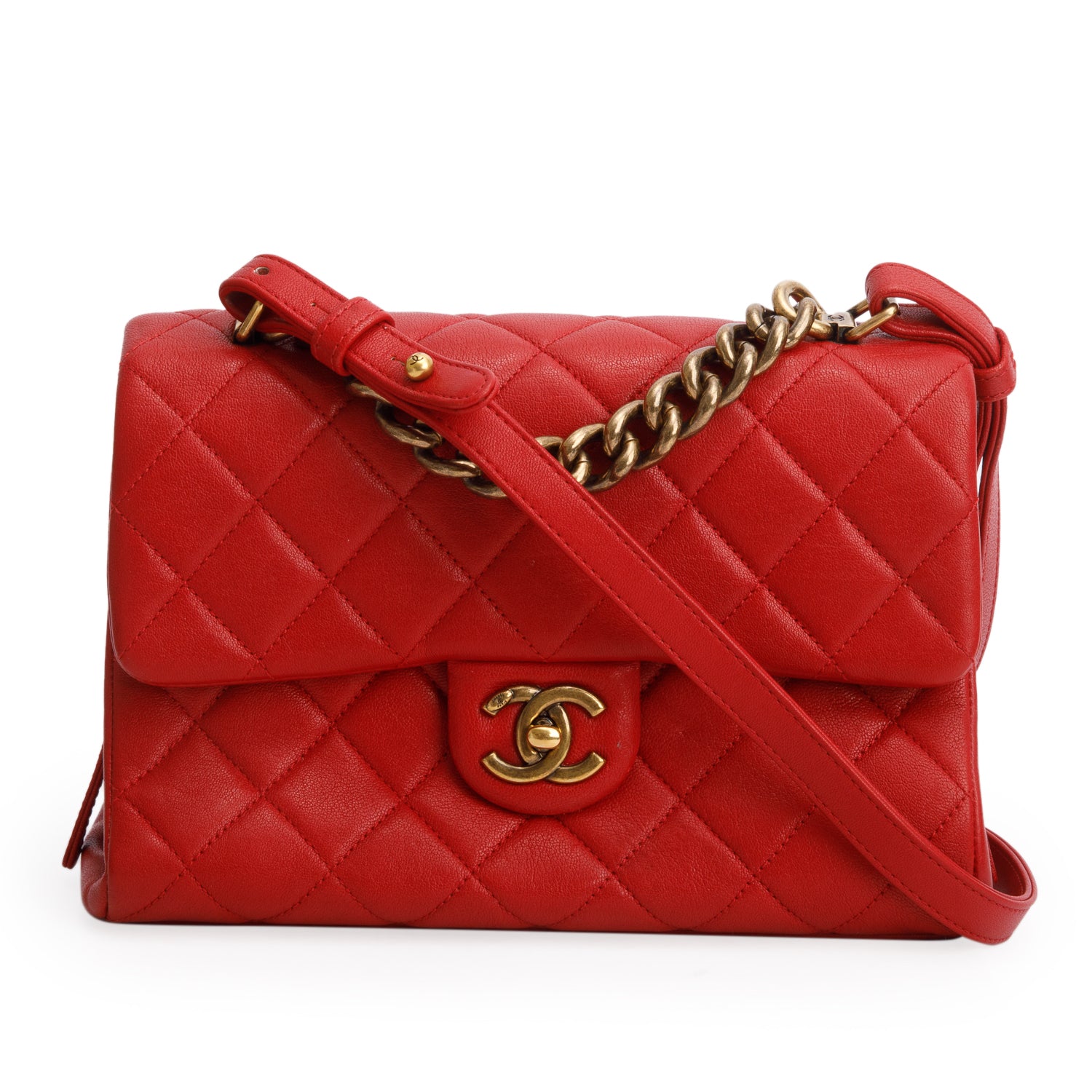 Chanel Red Shiny Sheepskin Quilted Small Trapezio Bag w/ Authenticity Card & Receipt