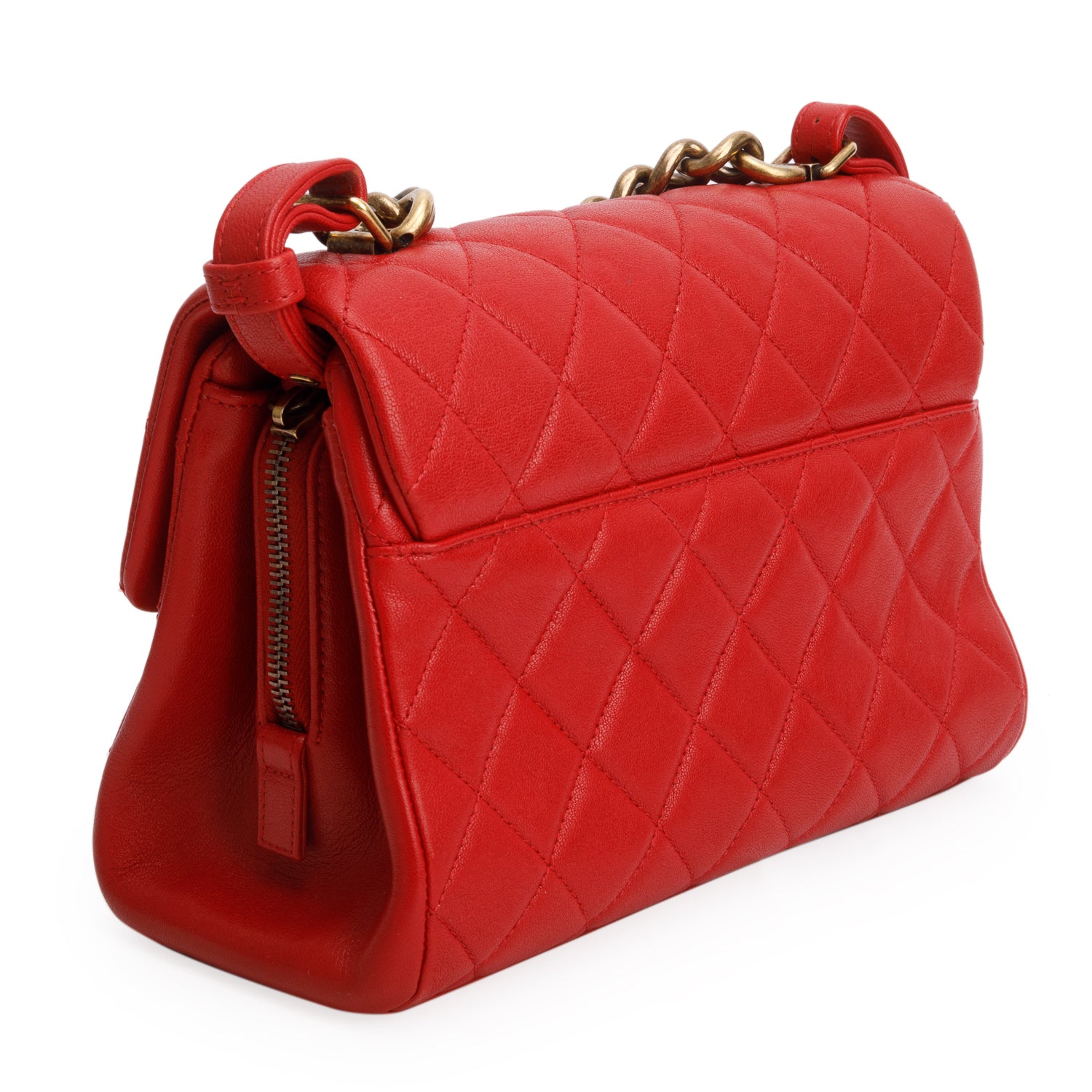 Chanel Red Shiny Sheepskin Quilted Small Trapezio Bag w/ Authenticity Card & Receipt