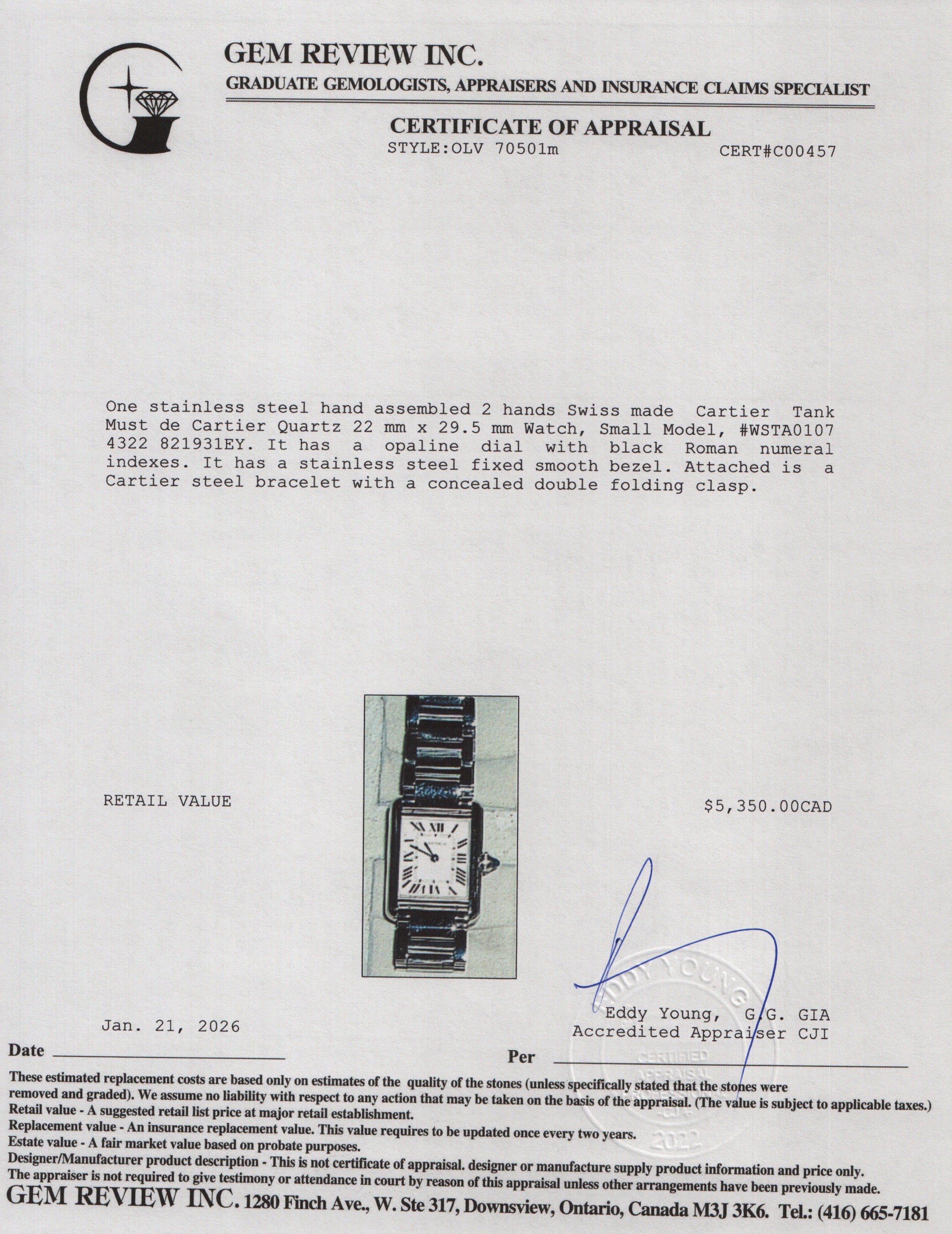 Cartier 2025 Stainless Steel Tank Must de Cartier Quartz Watch, Small Model 4322 w/ Box & Papers