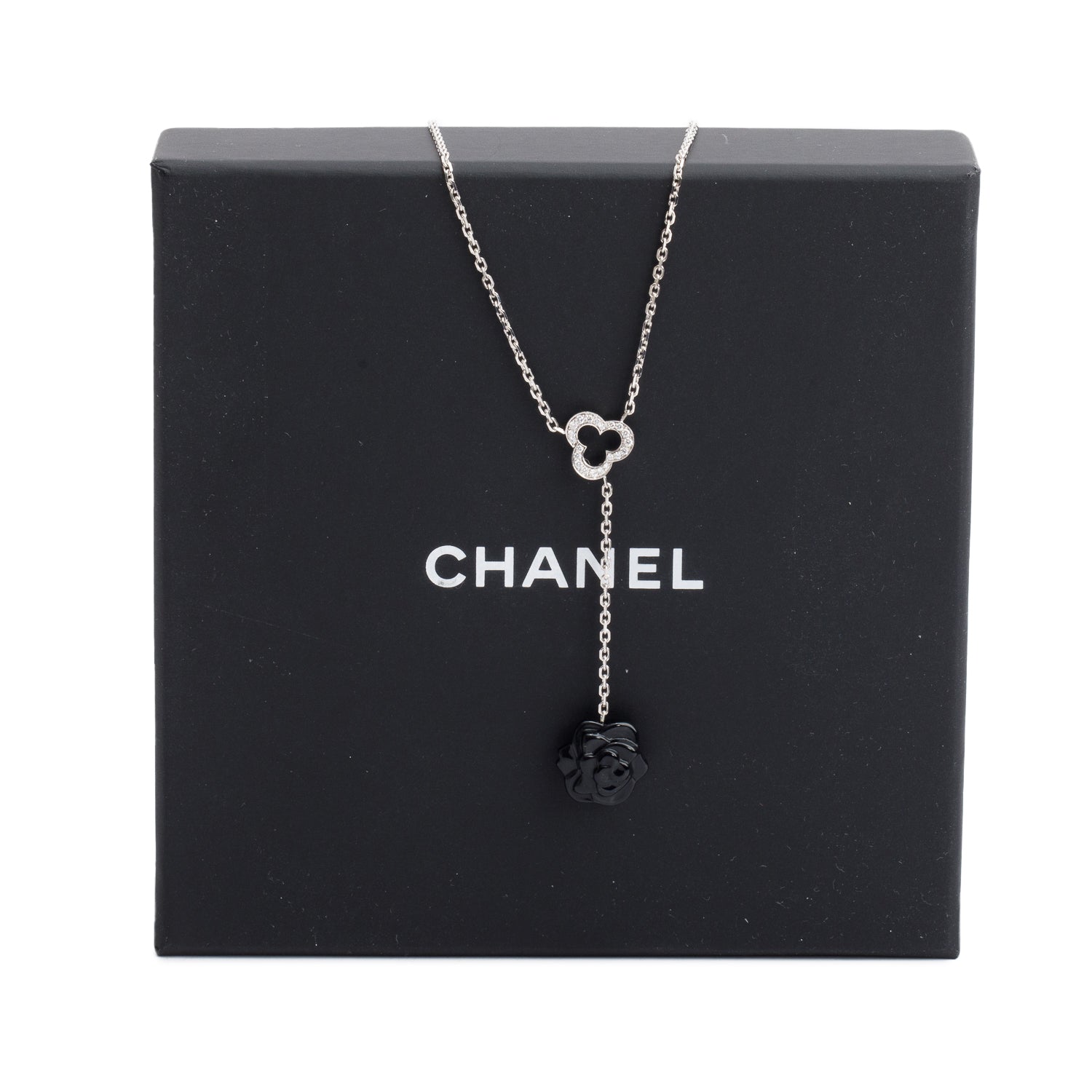 Chanel 18k White Gold Diamond & Onyx Camelia Sculpte Necklace w/ Box