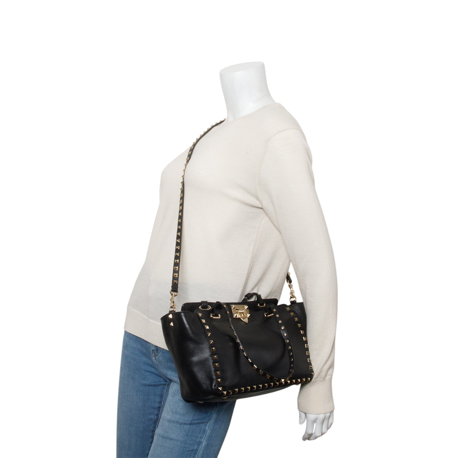 Valentino Black Calfskin Leather Small Rockstud Tote Bag w/ Strap