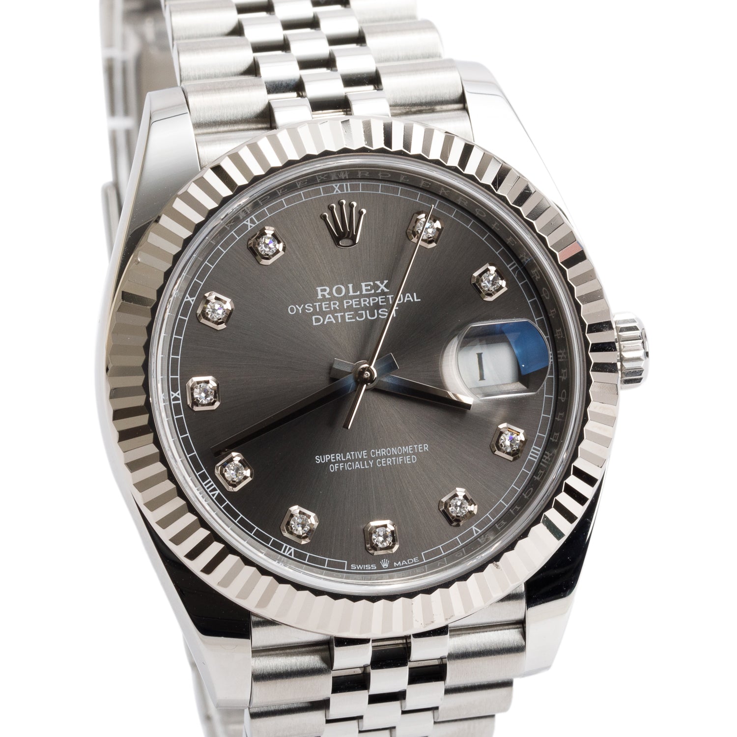 Rolex Stainless Steel Oyster Perpetual Datejust 41 MM Watch Grey Diamond Dial 126334 w/ Box