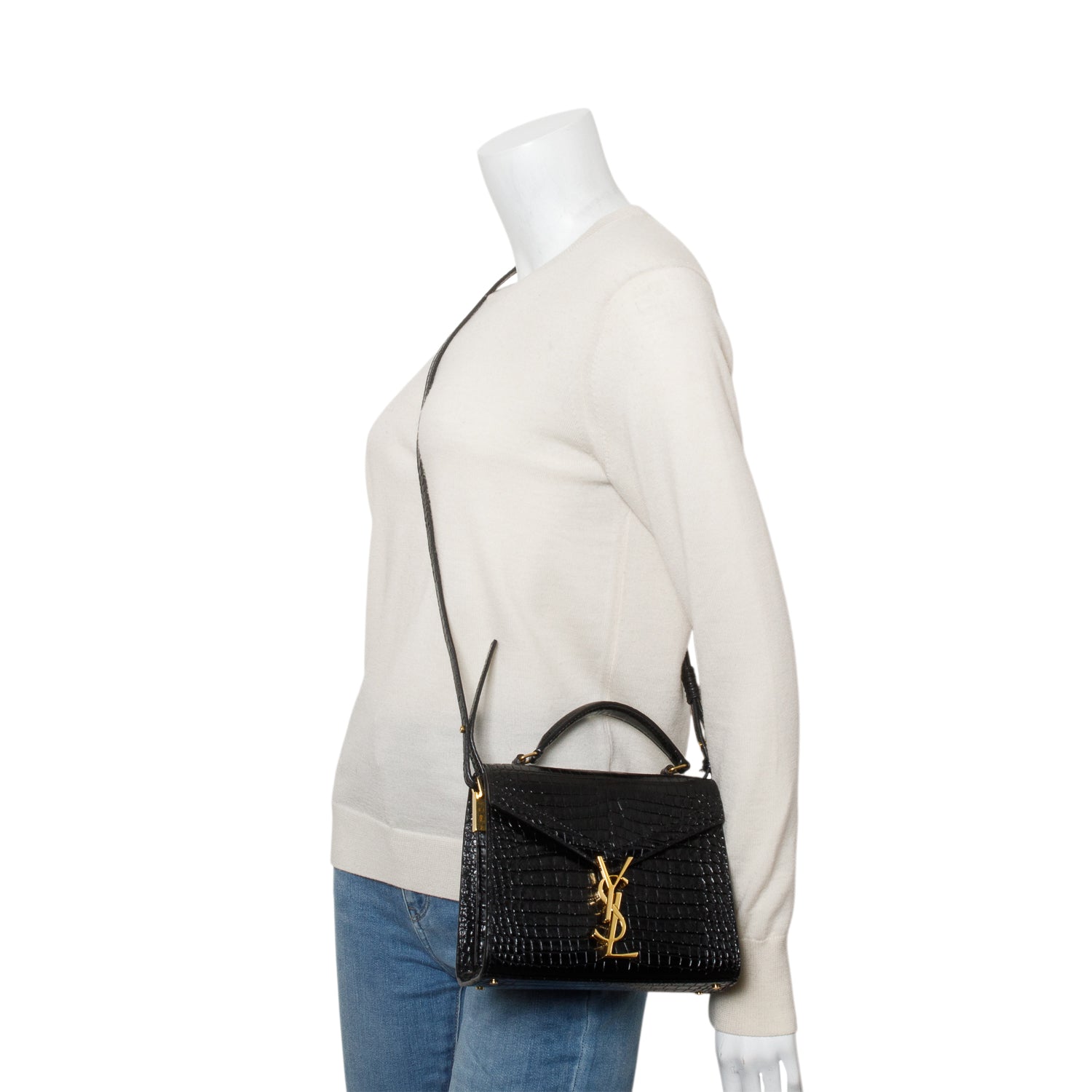 Saint Laurent Black Calfskin Croc Embossed Mini Classic Monogram Cassandre Top Handle w/ Strap