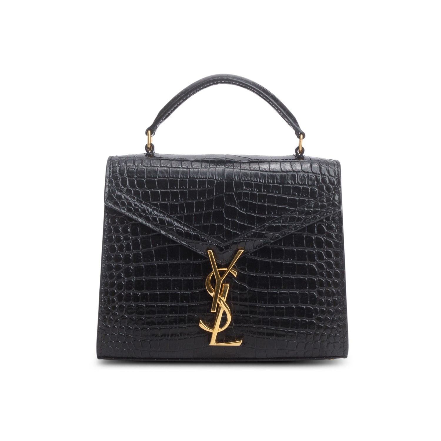 Saint Laurent Black Calfskin Croc Embossed Mini Classic Monogram Cassandre Top Handle w/ Strap