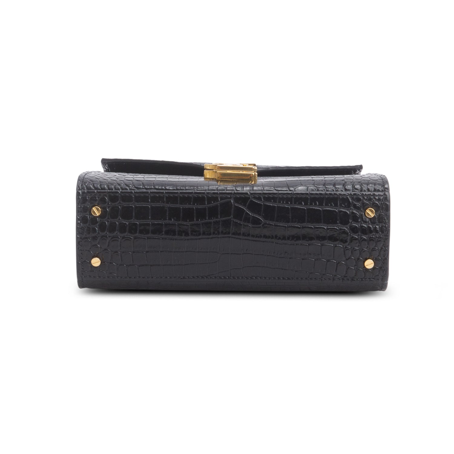 Saint Laurent Black Calfskin Croc Embossed Mini Classic Monogram Cassandre Top Handle w/ Strap