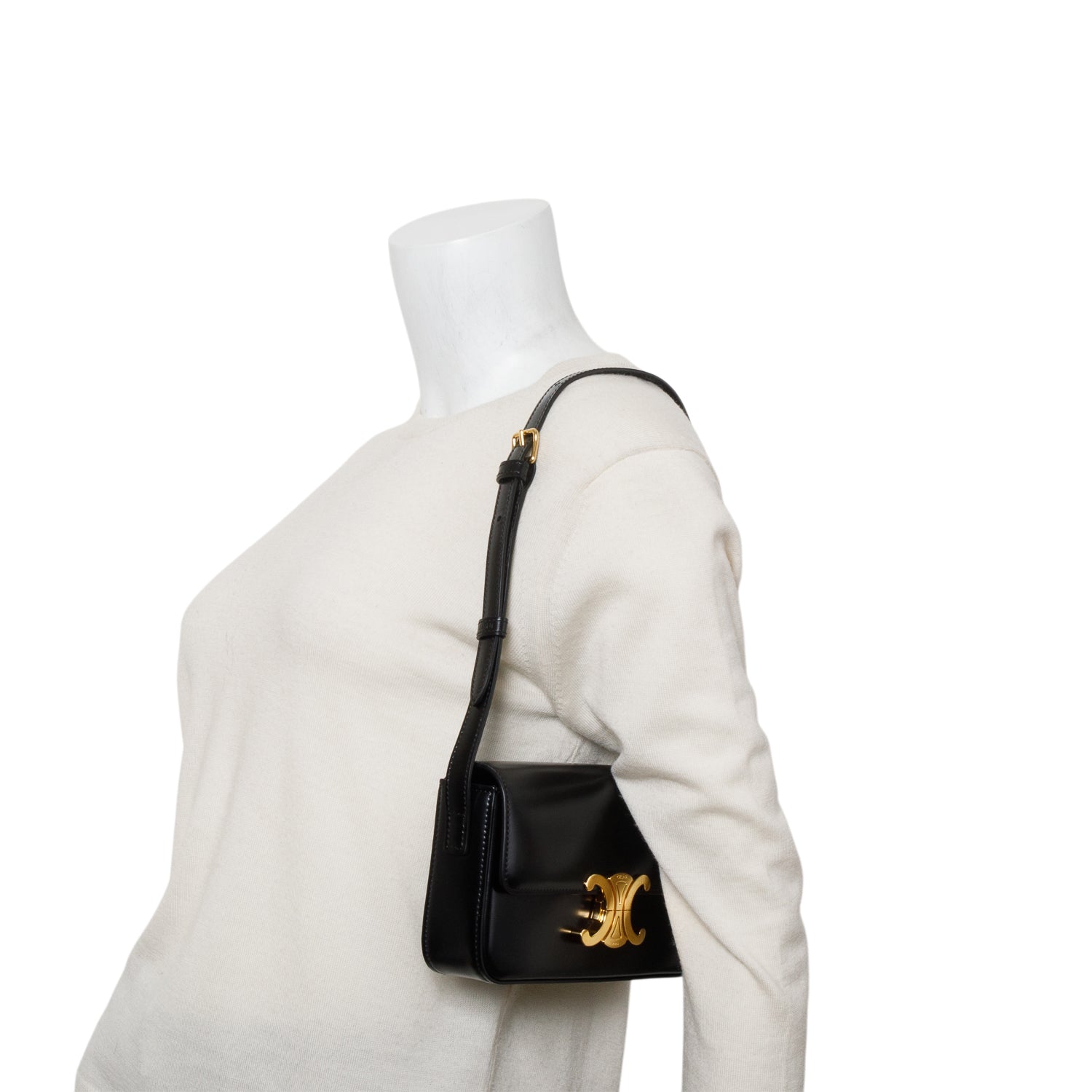 Celine 2022 Black Shiny Calfskin Triomphe Claude Shoulder Bag