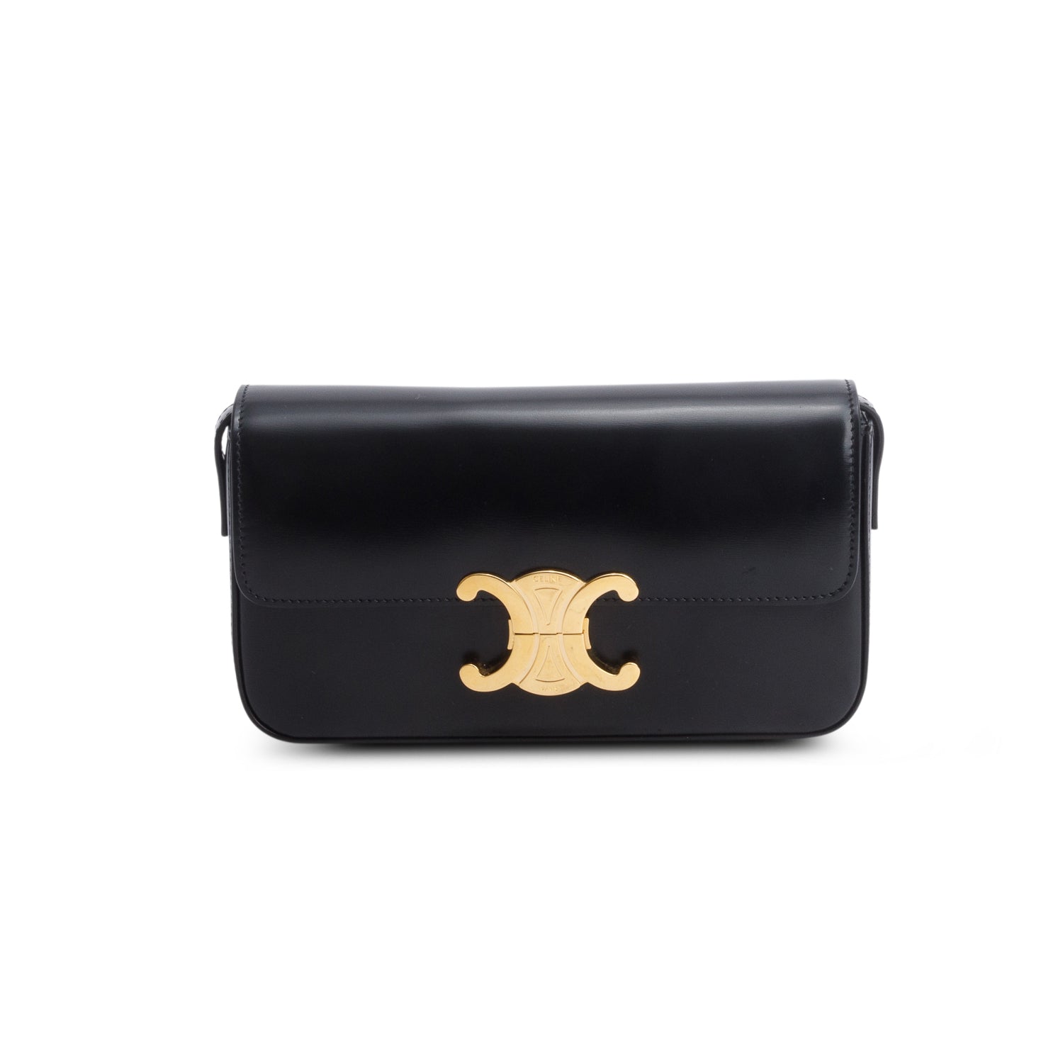 Celine 2022 Black Shiny Calfskin Triomphe Claude Shoulder Bag