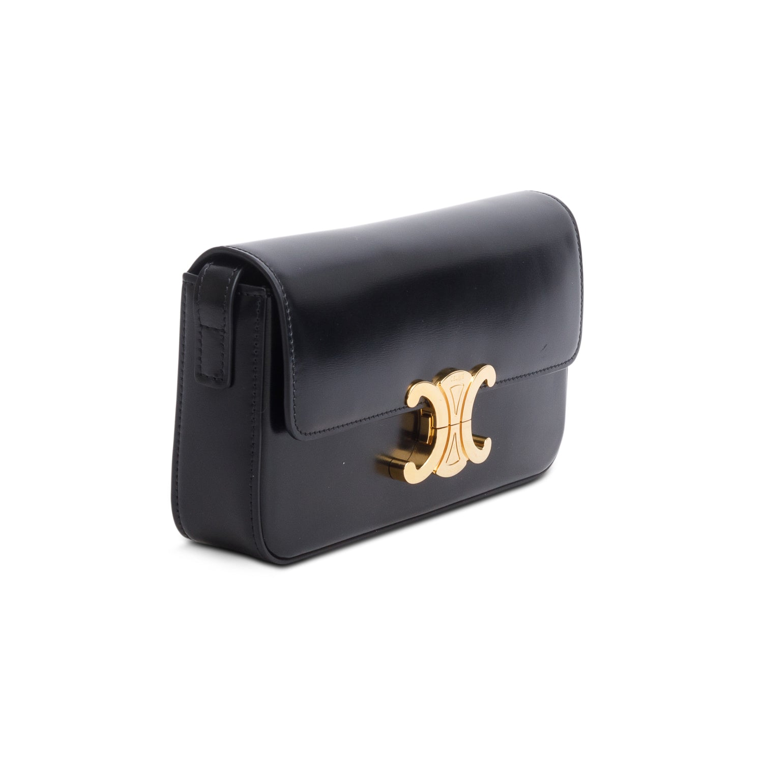 Celine 2022 Black Shiny Calfskin Triomphe Claude Shoulder Bag