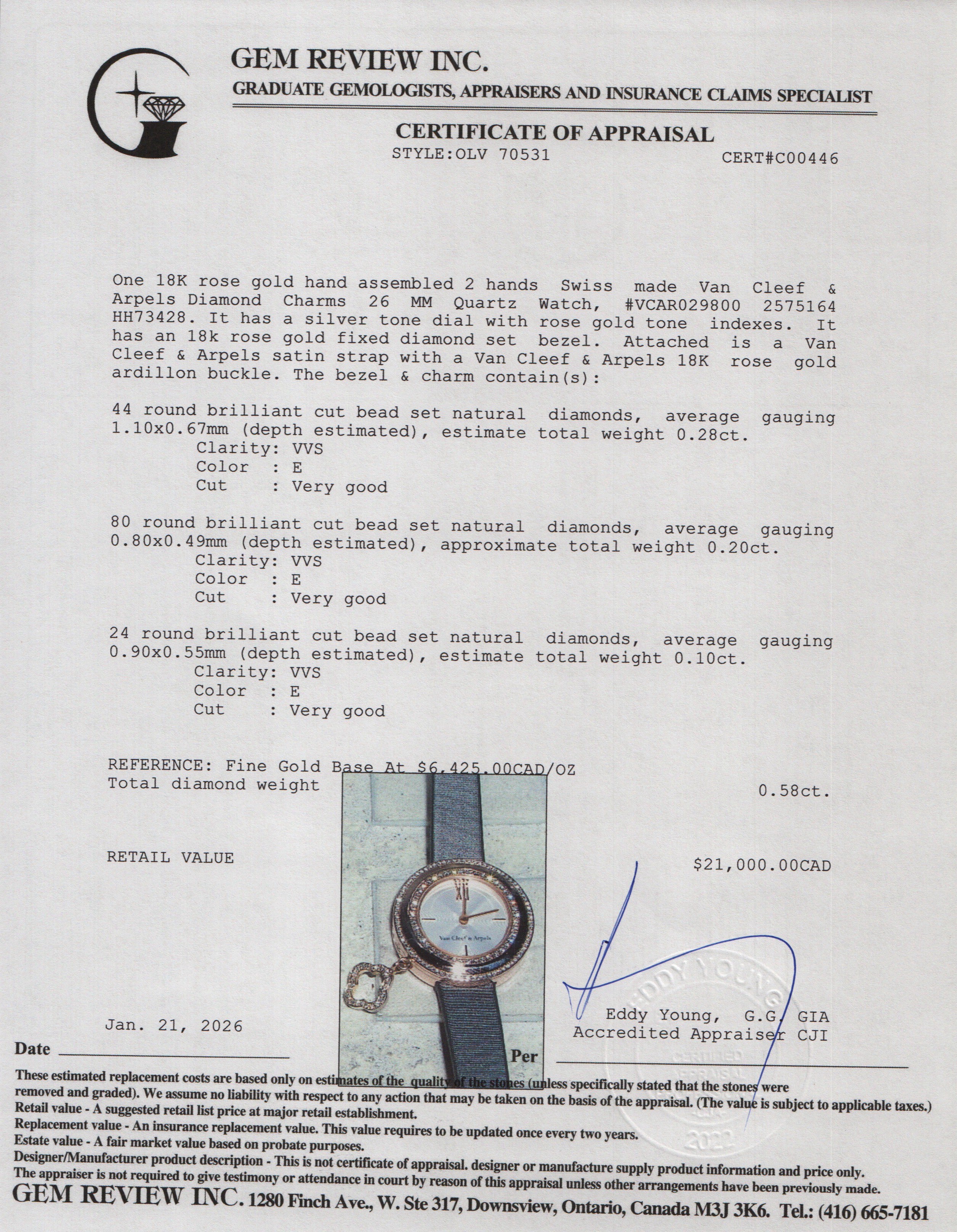 Van Cleef & Arpels 18k Rose Gold Diamond Charms 26 MM Quartz Watch w/ Box