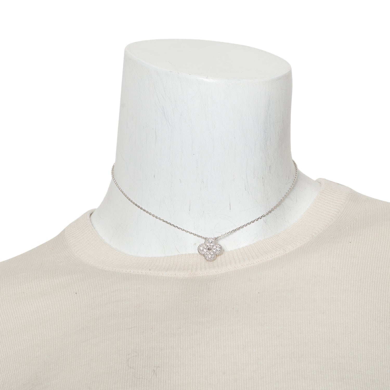 Van Cleef & Arpels 18k White Gold Diamond Vintage Alhambra Pendant Necklace w/ Papers