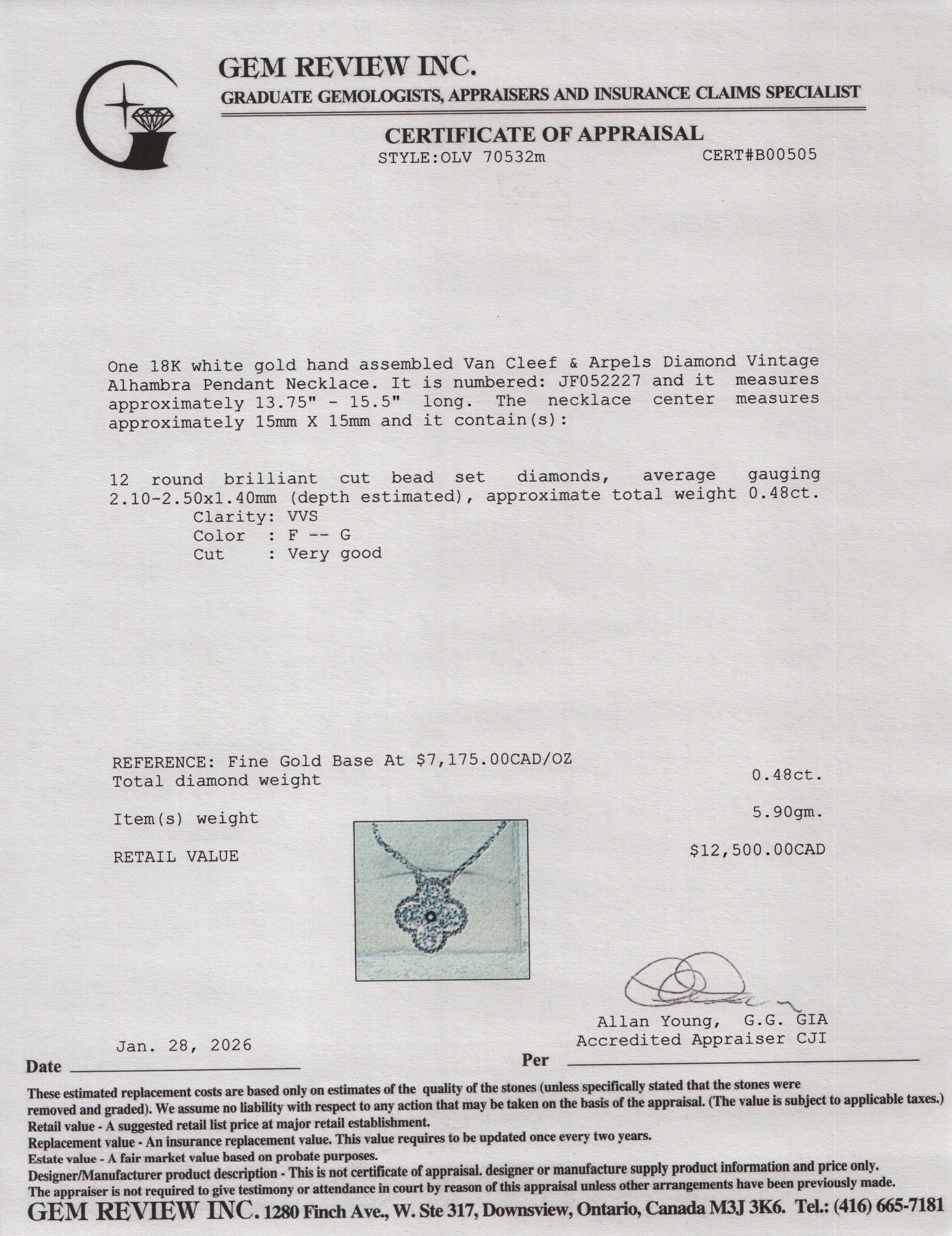 Van Cleef & Arpels 18k White Gold Diamond Vintage Alhambra Pendant Necklace w/ Papers