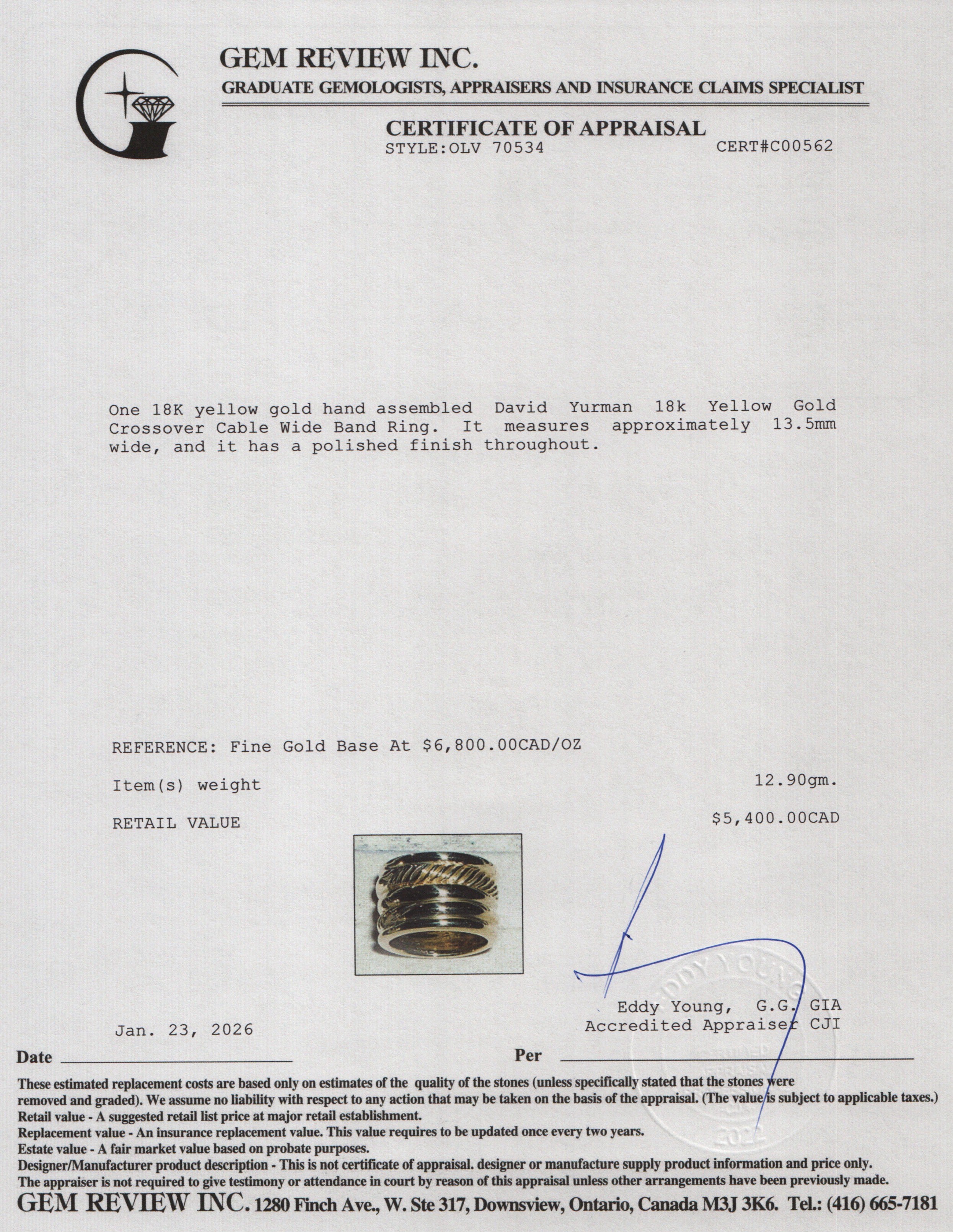 David Yurman 18k Yellow Gold Crossover Cable Wide Band Ring, Size 6.5