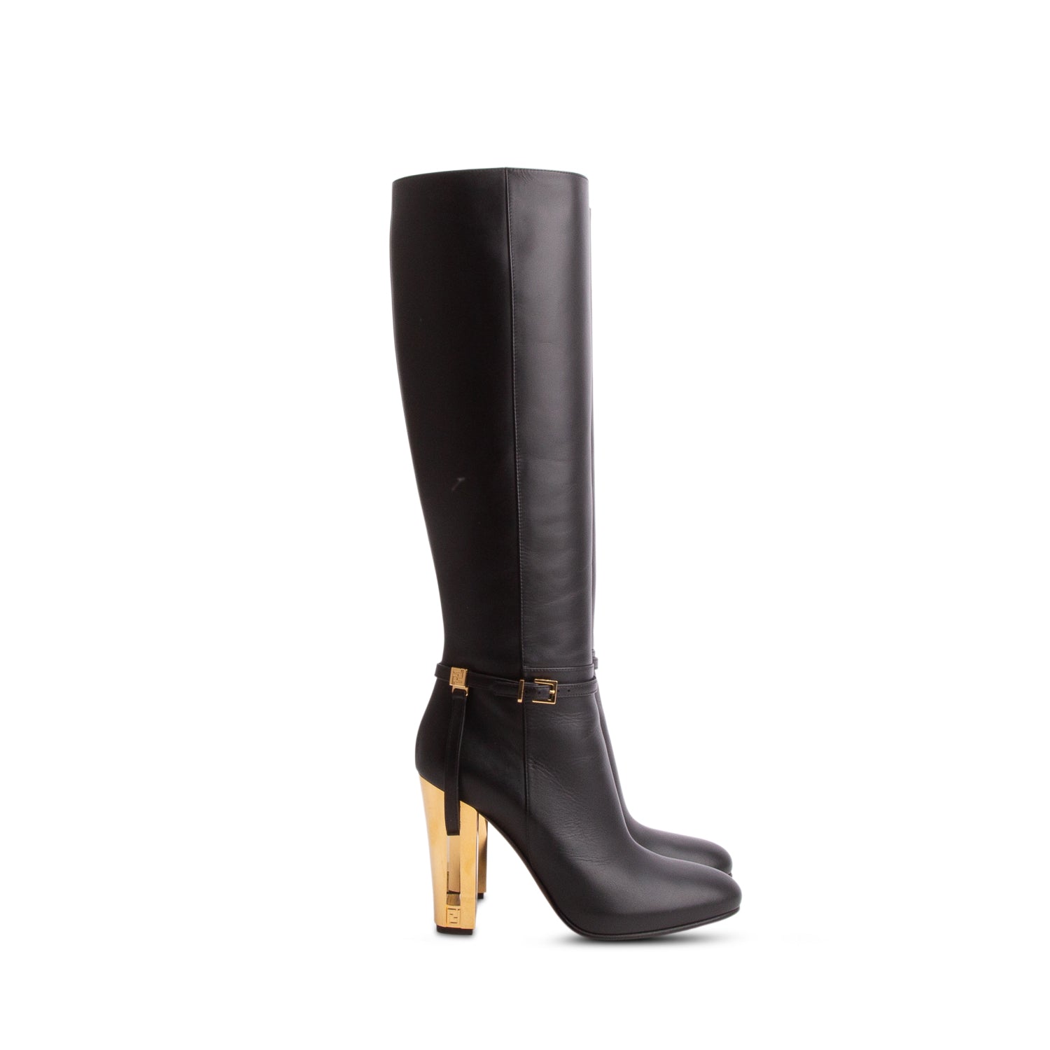 Fendi Black Vitello Leather Delfina Knee High Boots 105, Women's Size 38 w/ Box