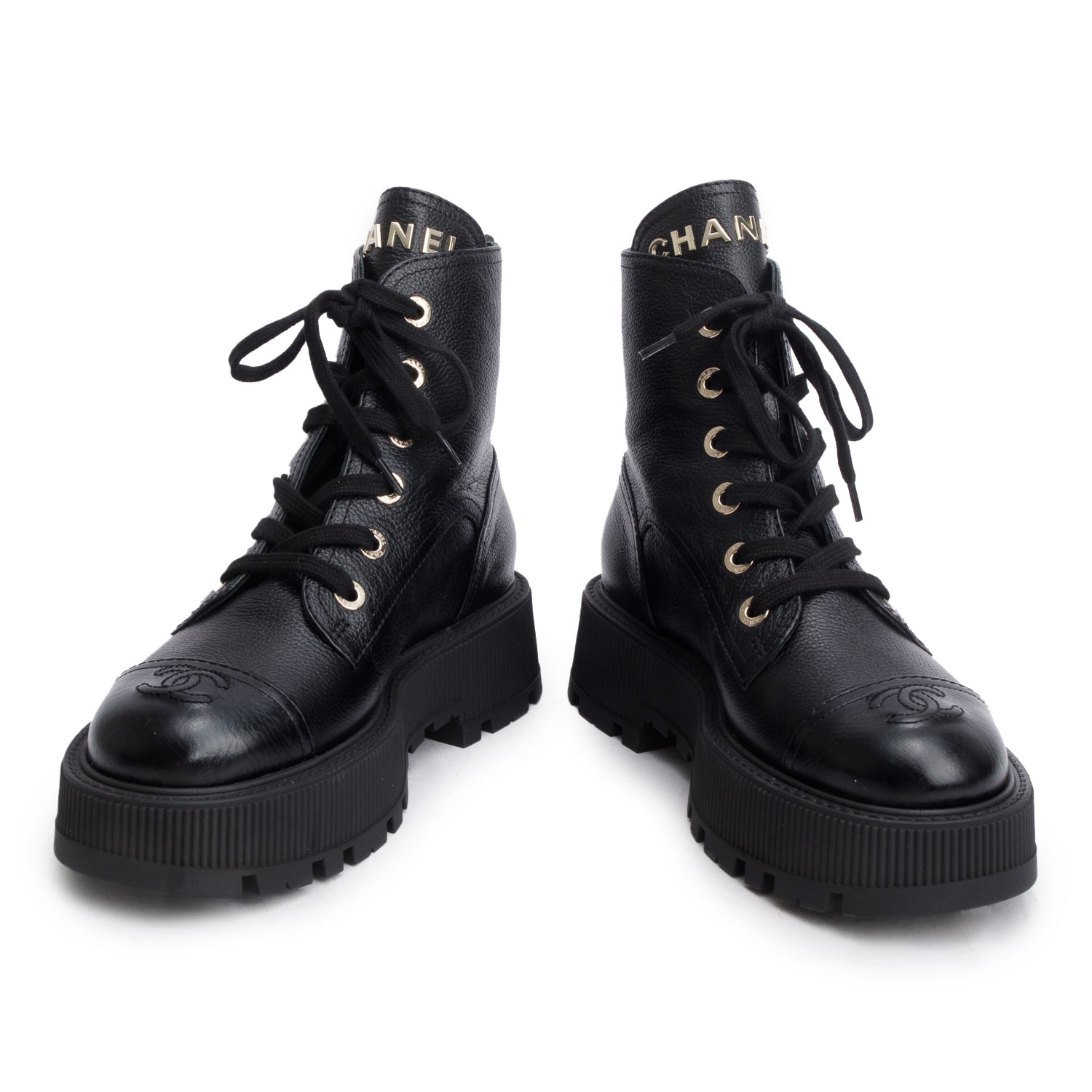 Chanel Black Shiny Grained Calfskin CC Lace Up Combat Boots, Women's Size 37.5 w/ Box