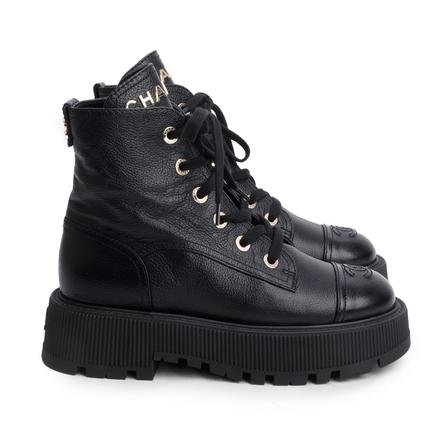 Chanel Black Shiny Grained Calfskin CC Lace Up Combat Boots, Women's Size 37.5 w/ Box